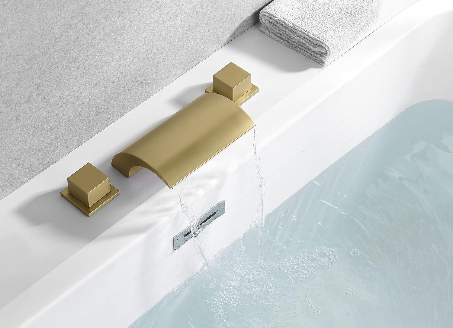 Bathroom Roman Tub Faucet with Waterfall Spout, 3 Hole Deck Mount Bath Tub Filler Brushed Gold