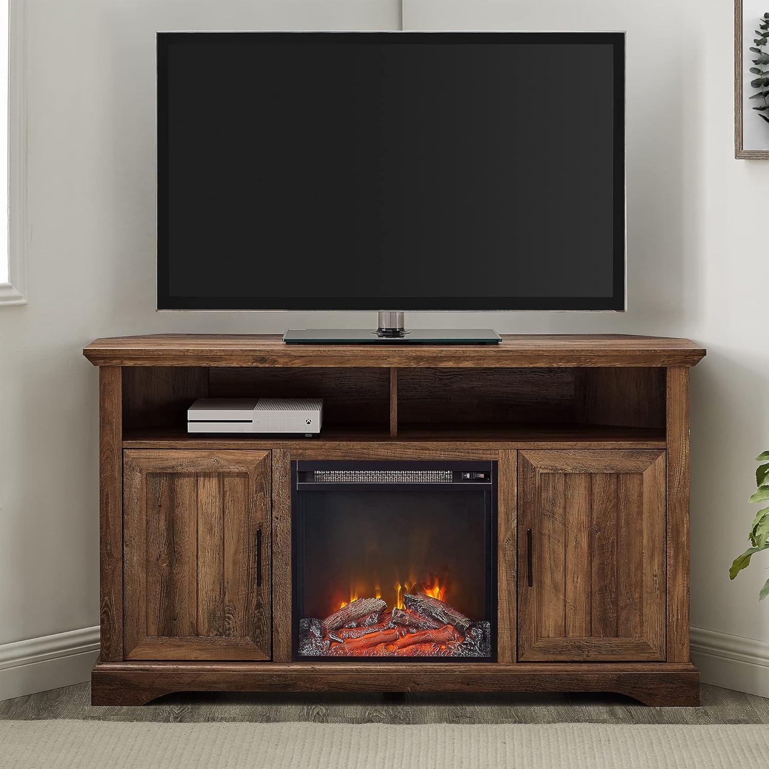 Rustic Oak Corner TV Stand with Fireplace and Cabinet