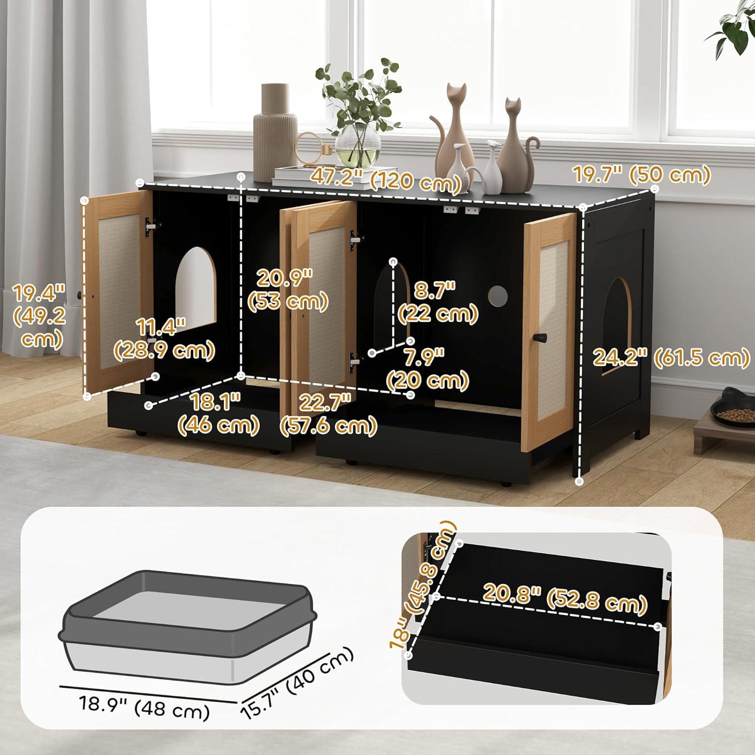 PawHut Cat Litter Box Enclosure, Hidden Litter Box Furniture for 2 Cats with 2 Cabinets, Scratching Mats & Trays, Black