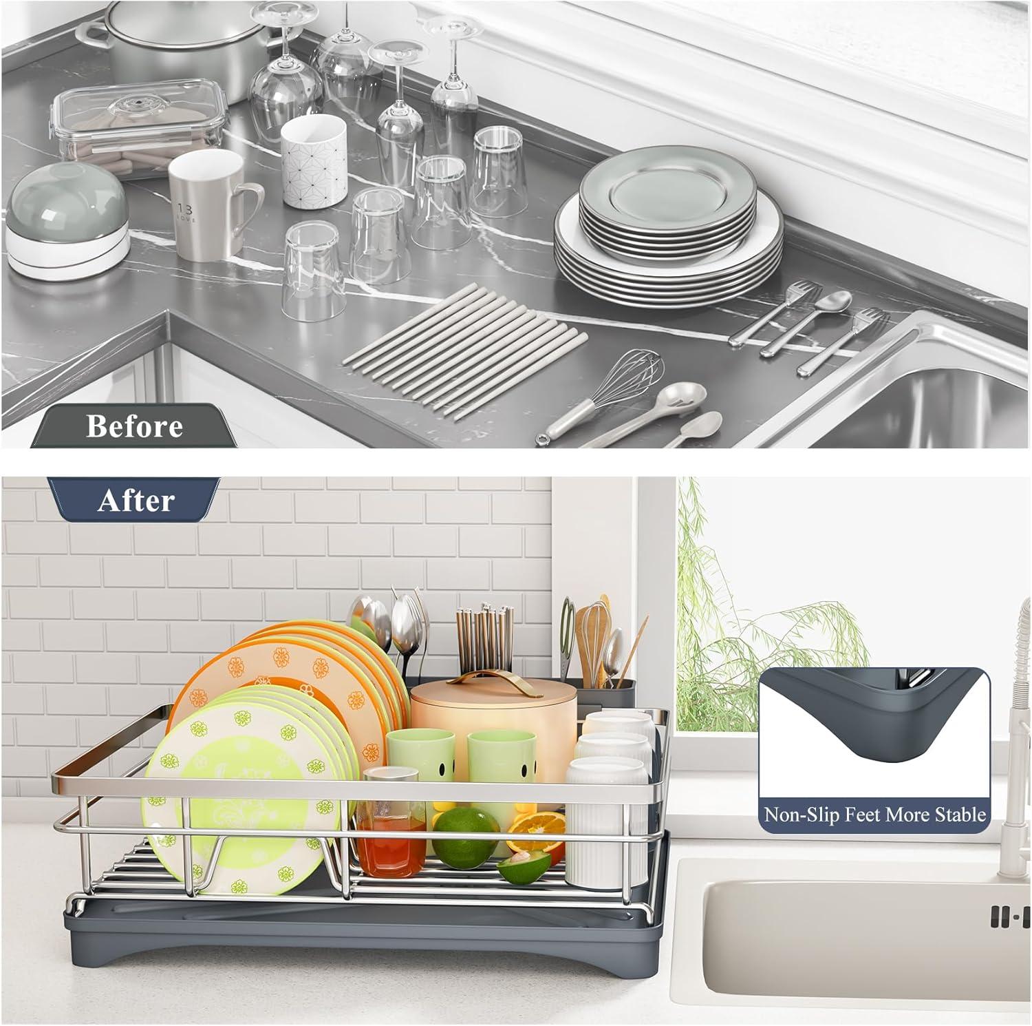 Dish Drying Rack - Stainless Steel Dish Rack for Kitchen Counter, Large-Capacity Dish Drainer with Cutlery Holder, Kitchen Organizer for Dishes, Spoons and Forks, Black