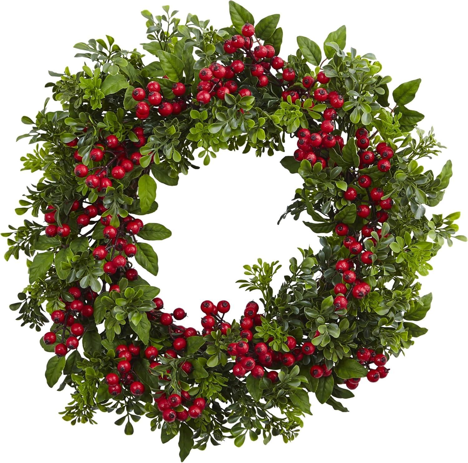 Nearly Natural Berry Boxwood Wreath 24": Faux Polyester & Plastic, Indoor Wall Decor, Unlit Winter Theme