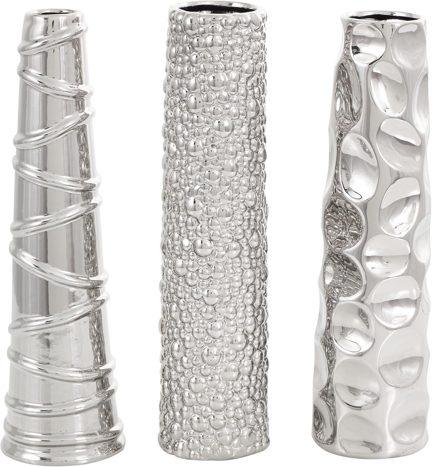 DecMode 12"H, 3"W Silver Ceramic Vase with Varying Patterns, Set of 3