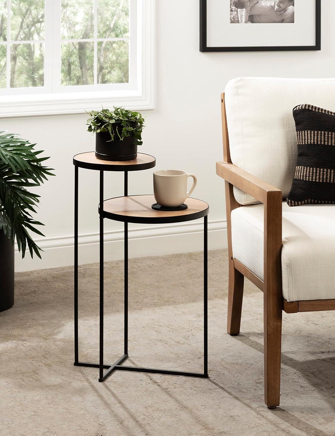 Peero Two-Tier Natural Wood and Black Metal Side Table