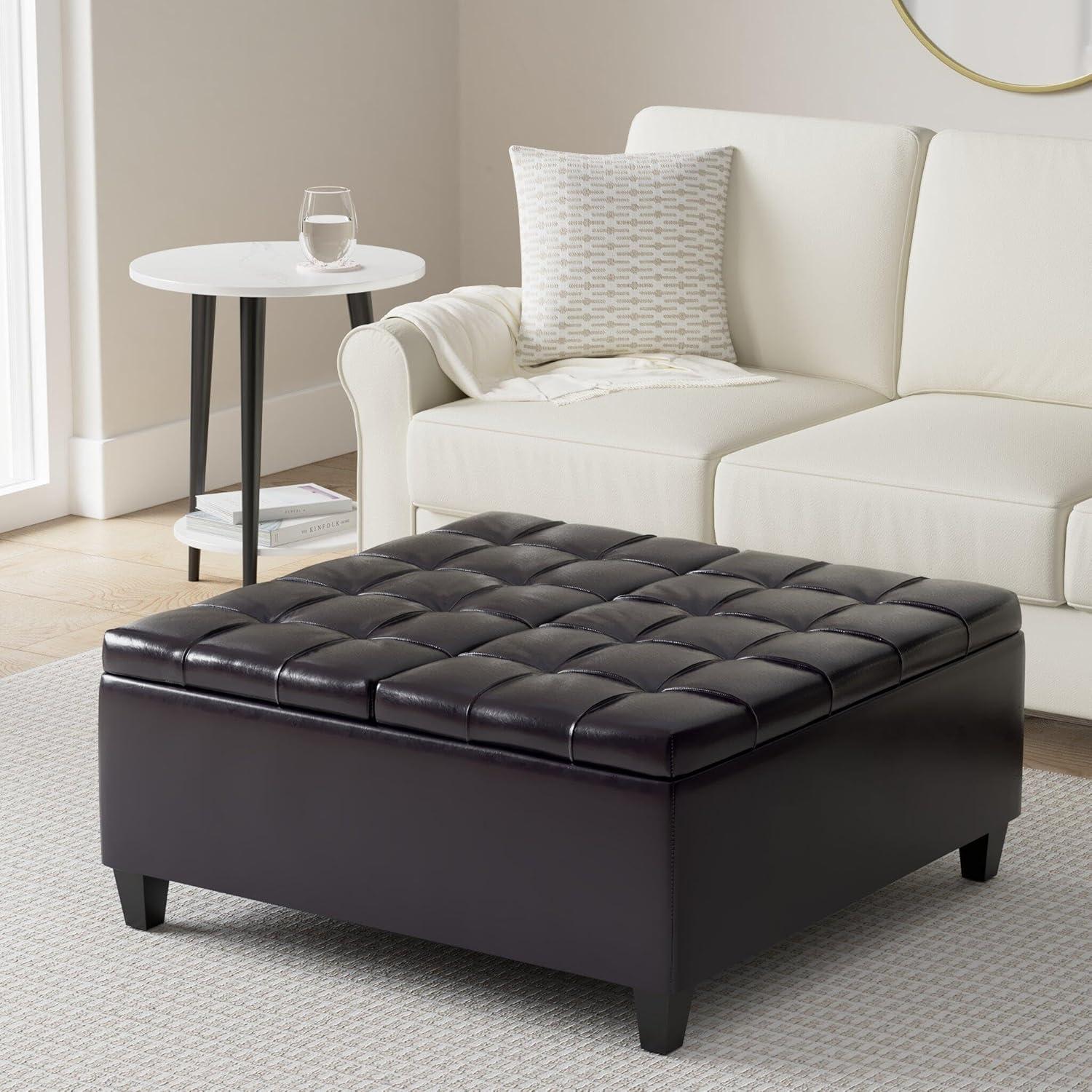 Simpli Home Harrison 36"W Upholstered Square Coffee Table Storage Ottoman with Split Lift Top