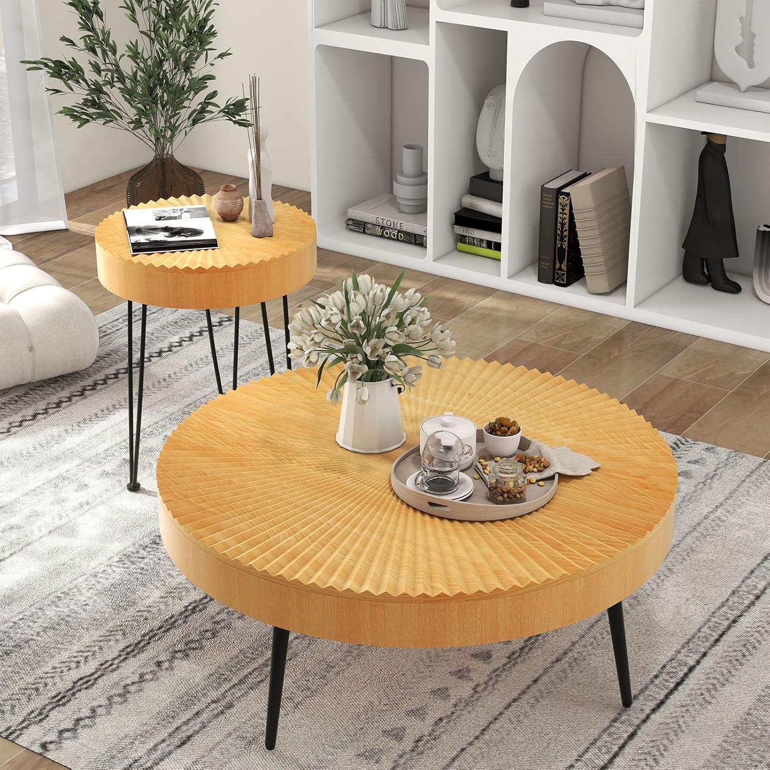 Round Natural Wood Farmhouse Nesting Coffee Table Set