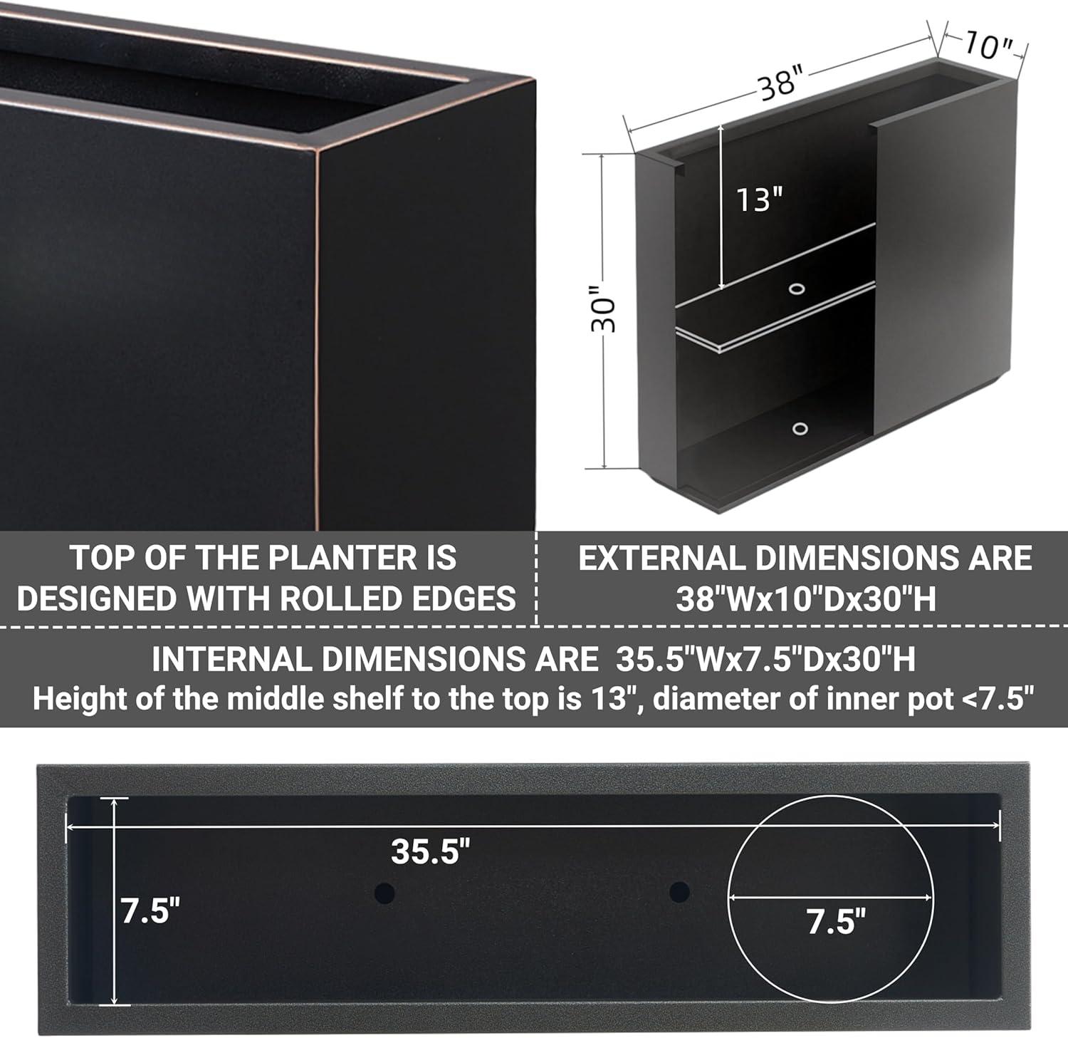 Metallic Heavy Planter for Outdoor Plants, 38Lx10Wx30H Inches Tall and Long Metal Divider Planter Box - 38"x30"x10" Espresso