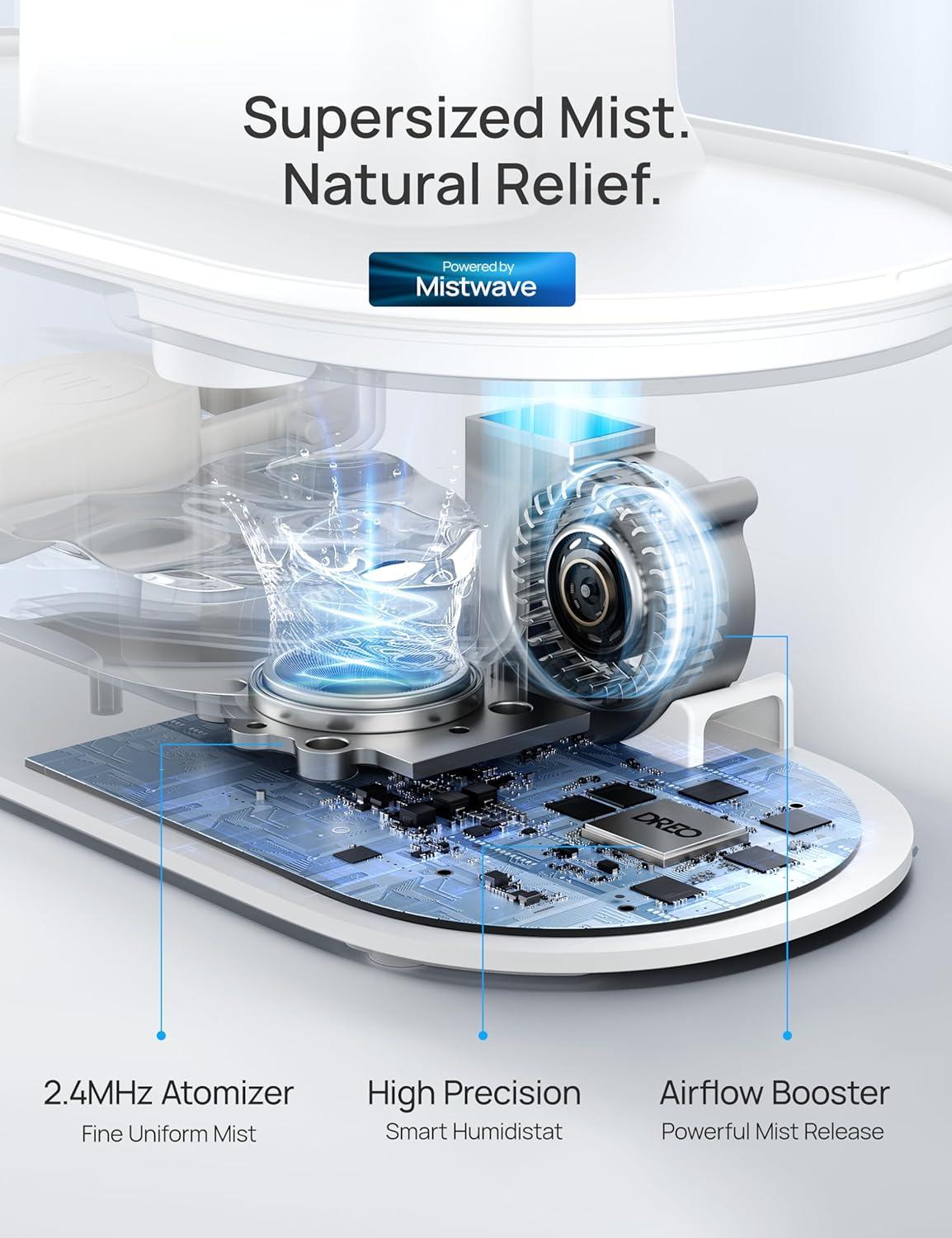 Dreo Humidifiers for Bedroom, Top Fill 4L Supersized Cool Mist Humidifier with Oil Diffuser and Nightlight, 32H Runtime, Quiet Ultrasonic Humidifiers for Home, Large Room, Baby Nursery and Plants