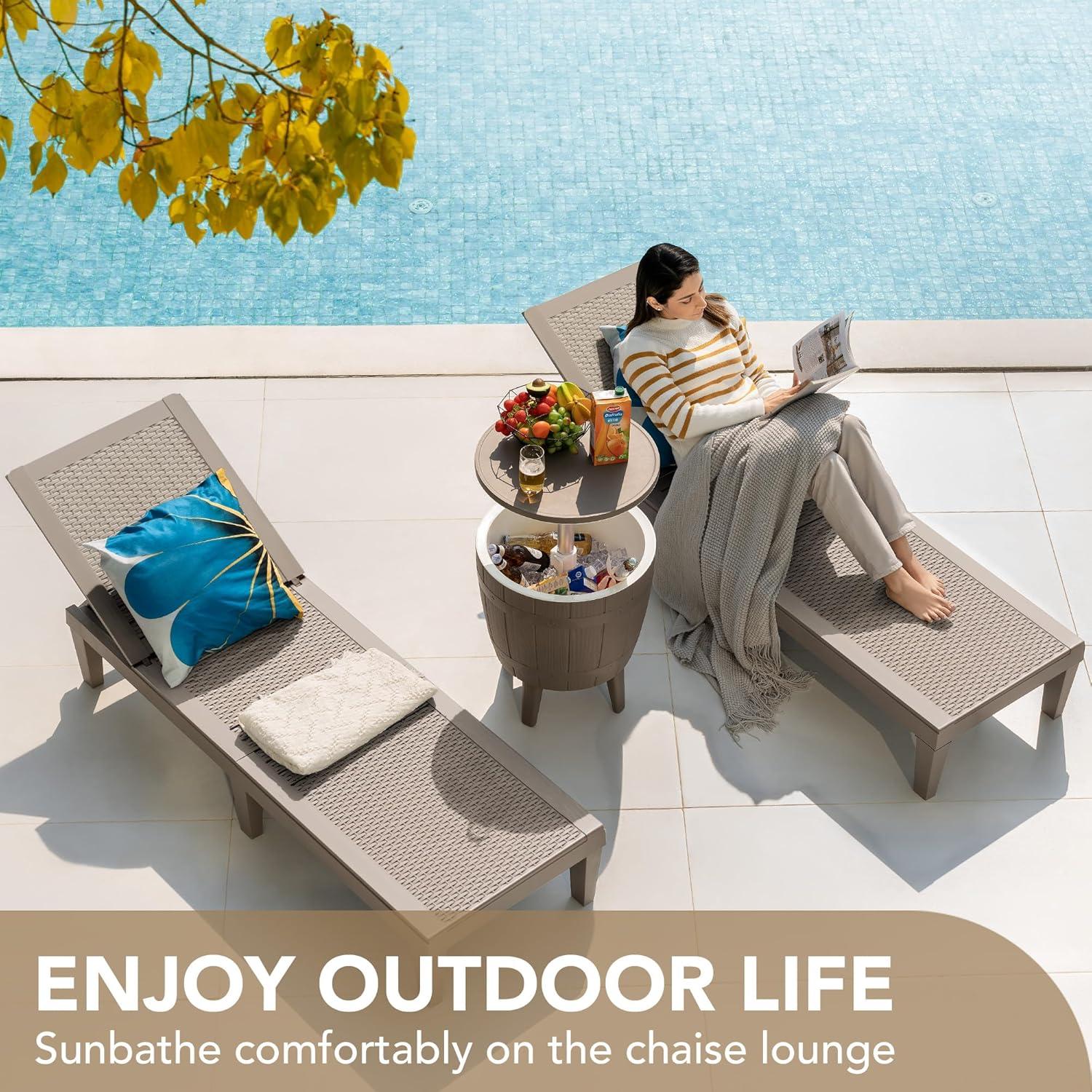 JUMMICO Patio Chaise Lounge Chair Set of 2 Outdoor PE Waterproof Adjustable Easy Assembly Lounge Chairs for Outside Pool Garden Deck Beach (Light Brown, Set of 2)