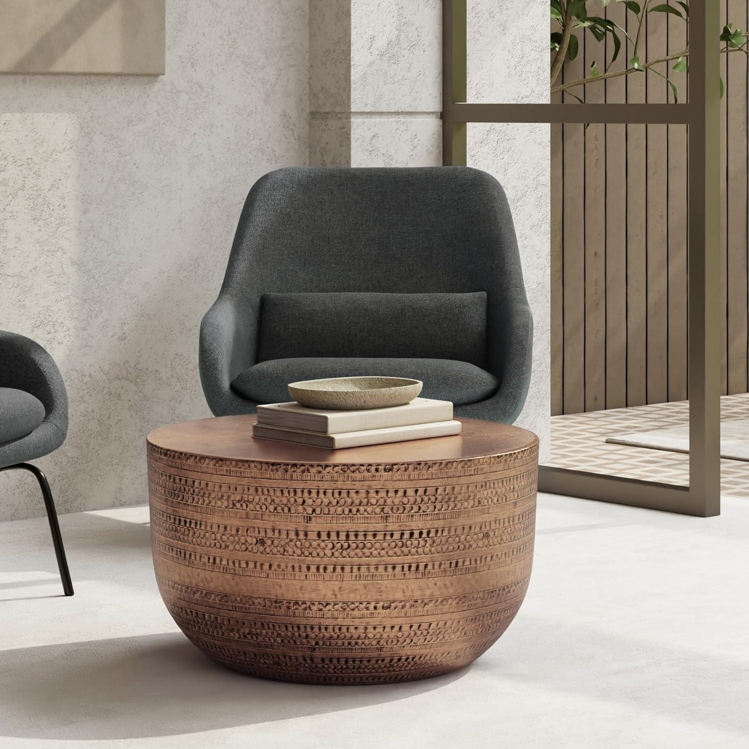 Simpli Home Johnsen 30"W Metal Boho Modern Round Coffee Table with Textured Detail, Assembled