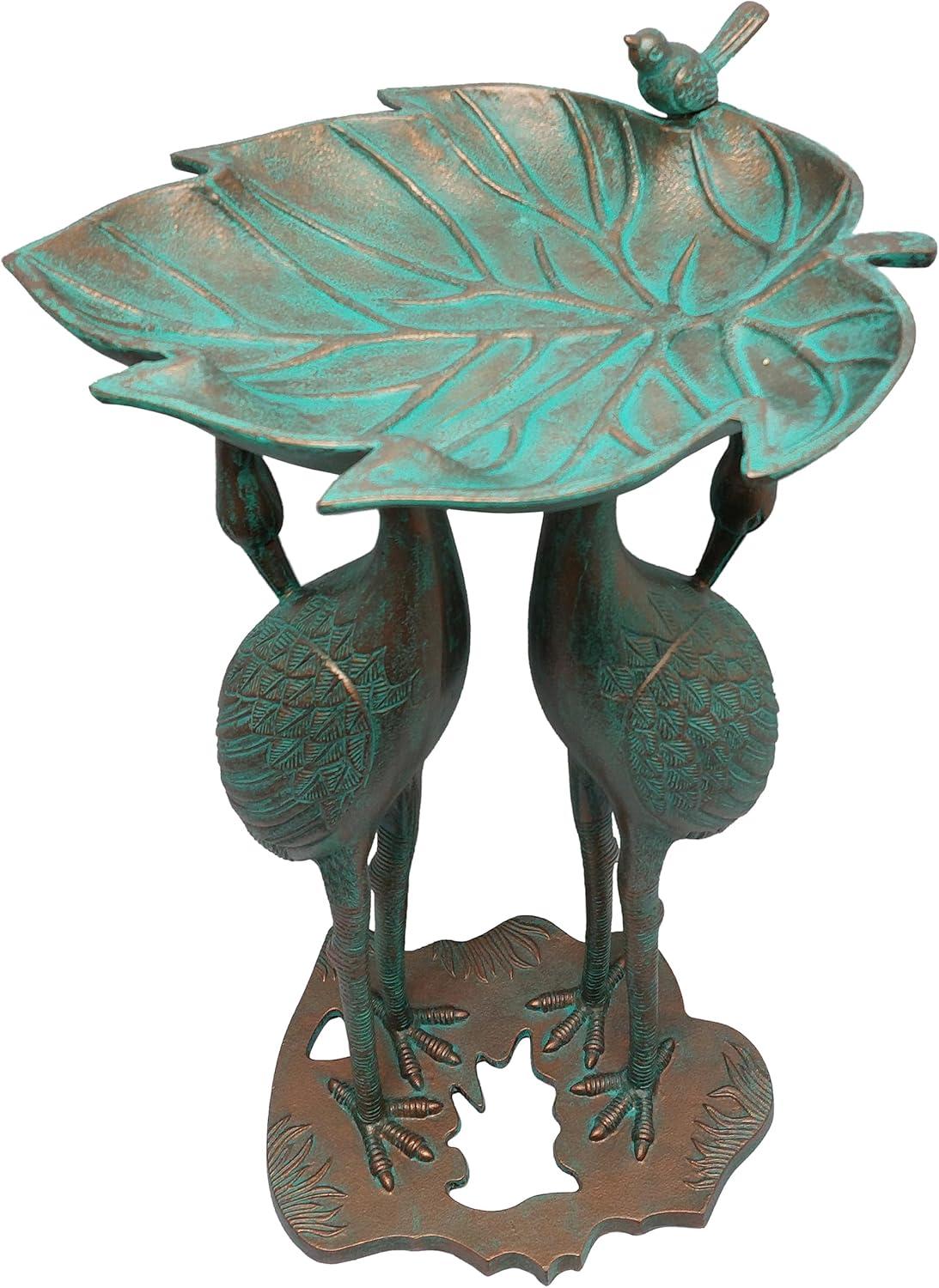 Copper Patina Cast Aluminum Twin Crane Bird Bath with Leaf Bowl