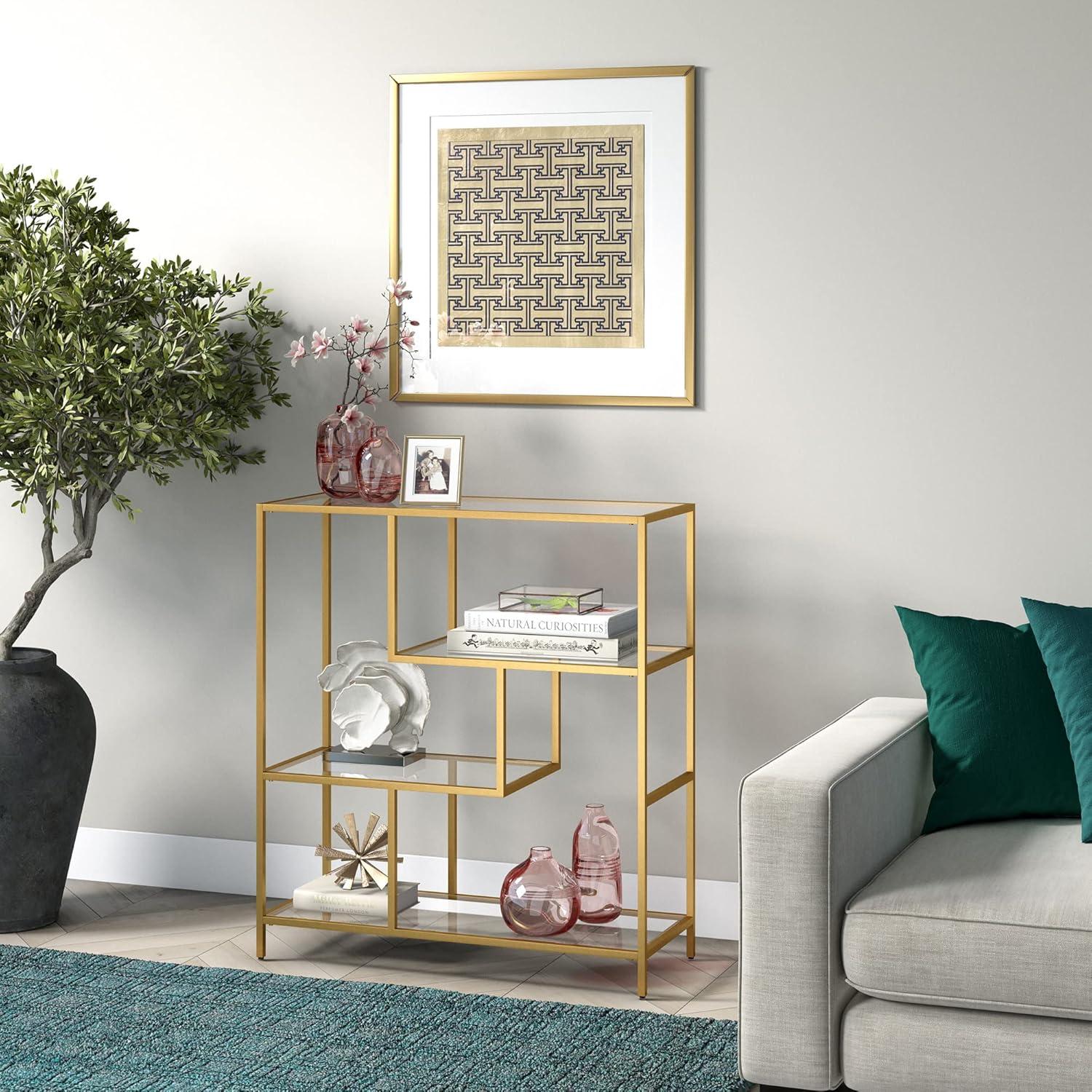 Isla 40'' Brass Steel Frame with Tempered Glass Shelves Bookcase