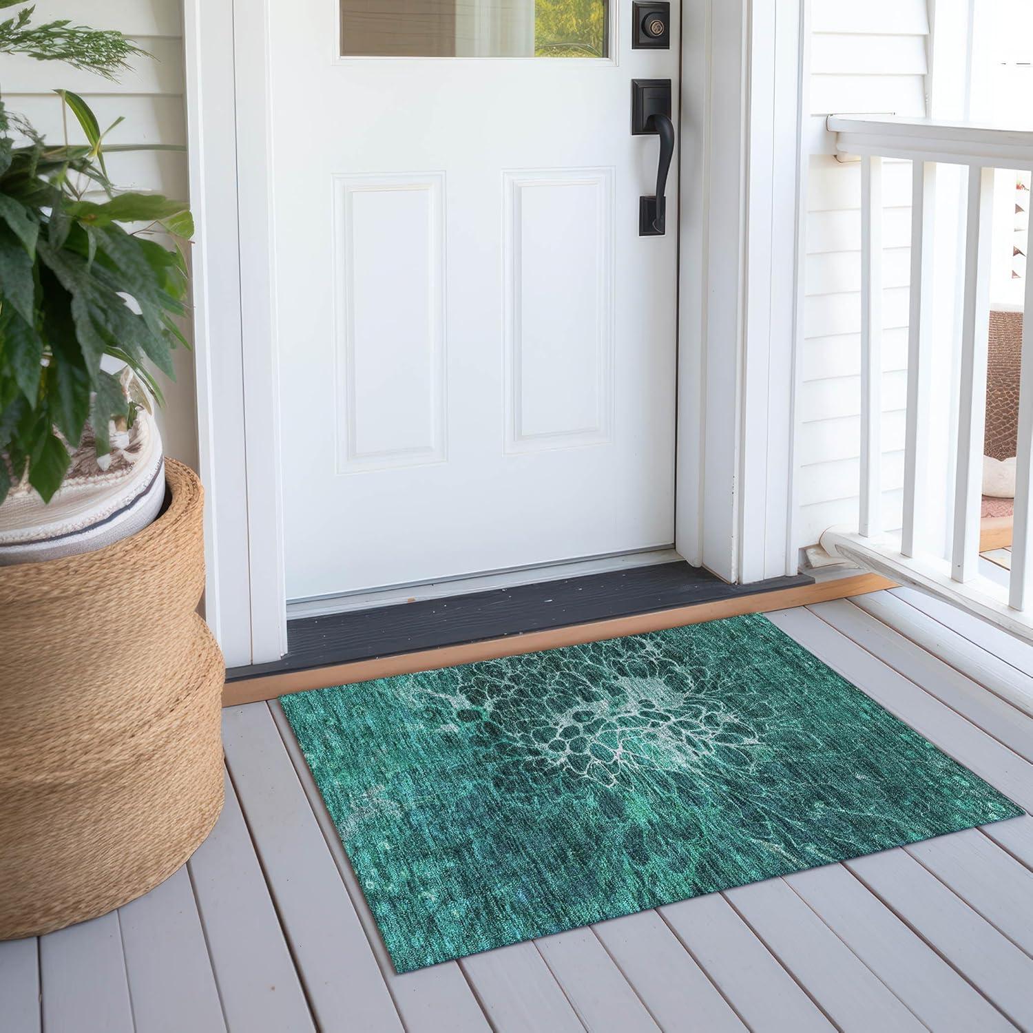 Teal and White Abstract Indoor Outdoor Area Rug