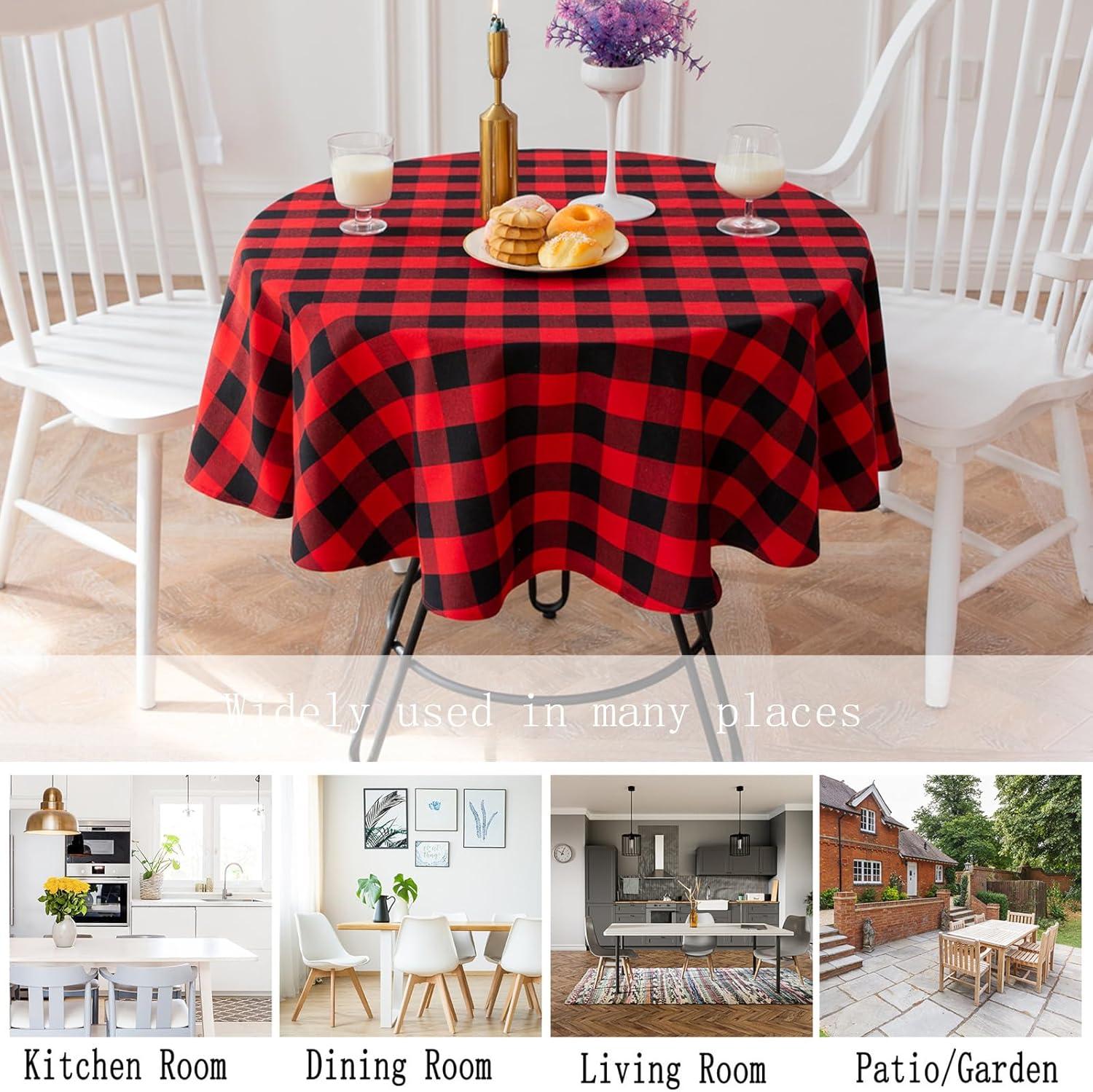Buffalo Plaid Round Tablecloth Checkered Cotton Linen Table Cover for Kitchen Dining Room Home Decor ( Round - 48 Inch, White & Black )