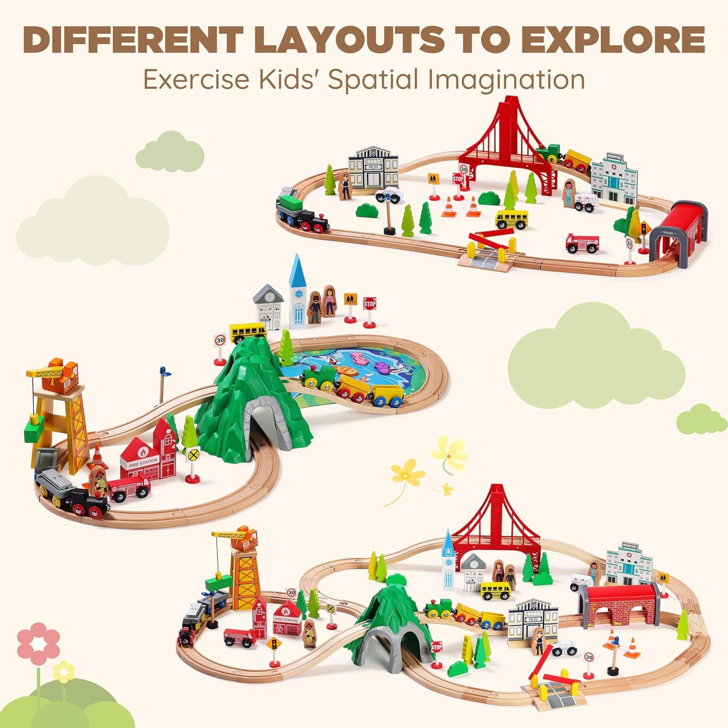 SainSmart Jr. 112-Piece Wooden Train Set for Toddler – Double-Sided Train Tracks, Compatible with Brio, Thomas, Melissa & Doug – Perfect Wood Toy for Boys and Girls