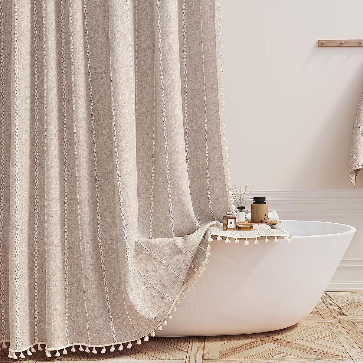 Beige Linen Boho Farmhouse Shower Curtain with Tassels