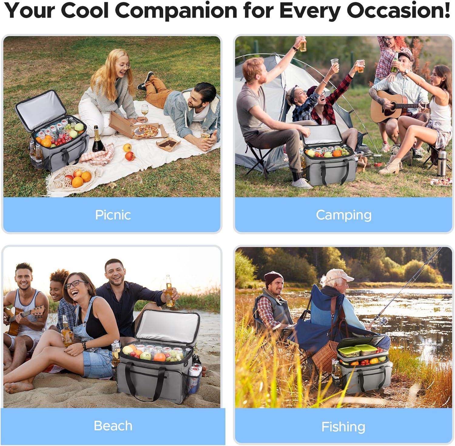 WARMOUNTS Soft Cooler Bag 48 Cans & Insulated Bag 2 in 1, w/ Insulating Cover, Upgraded Leakproof Camping Cooler Bag 2 Compartment for Camping Hiking Picnic Beach