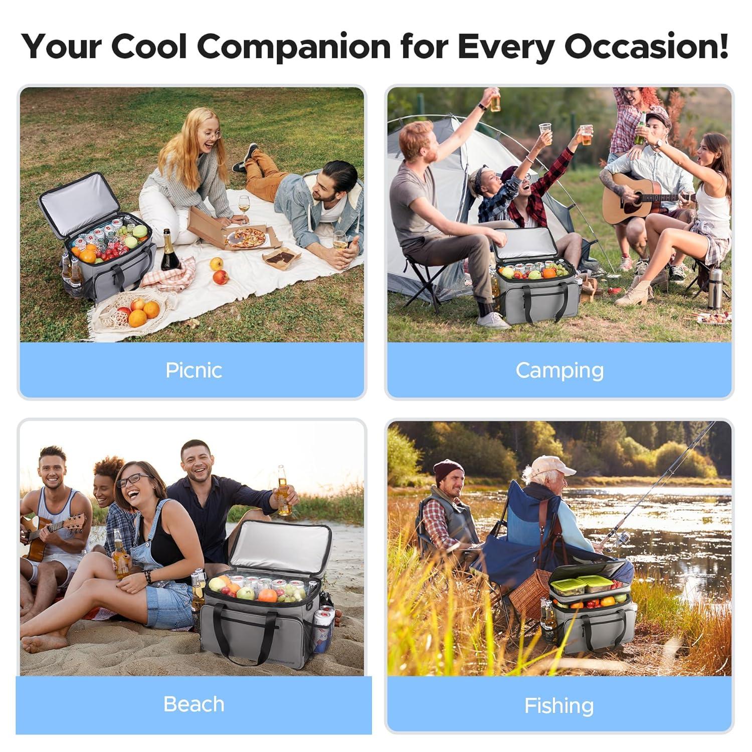 WARMOUNTS Soft Cooler Bag 48 Cans & Insulated Bag 2 in 1, w/ Insulating Cover, Upgraded Leakproof Camping Cooler Bag 2 Compartment for Camping Hiking Picnic Beach