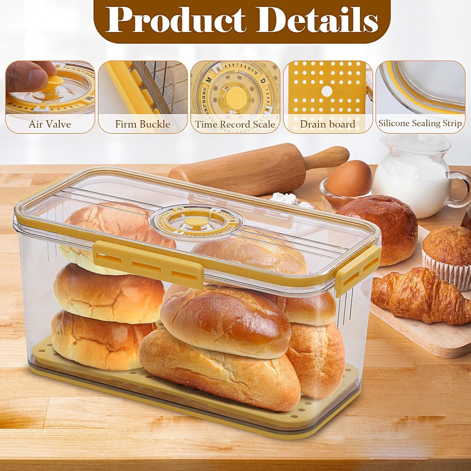 Baodeli Bread Box Bread Boxes for Kitchen Counter Airtight, Time Recording Bread Storage Container with Lid, Bread Keeper for Homemade Bread, Toast, Bagel, Donut and Cookies, Grey