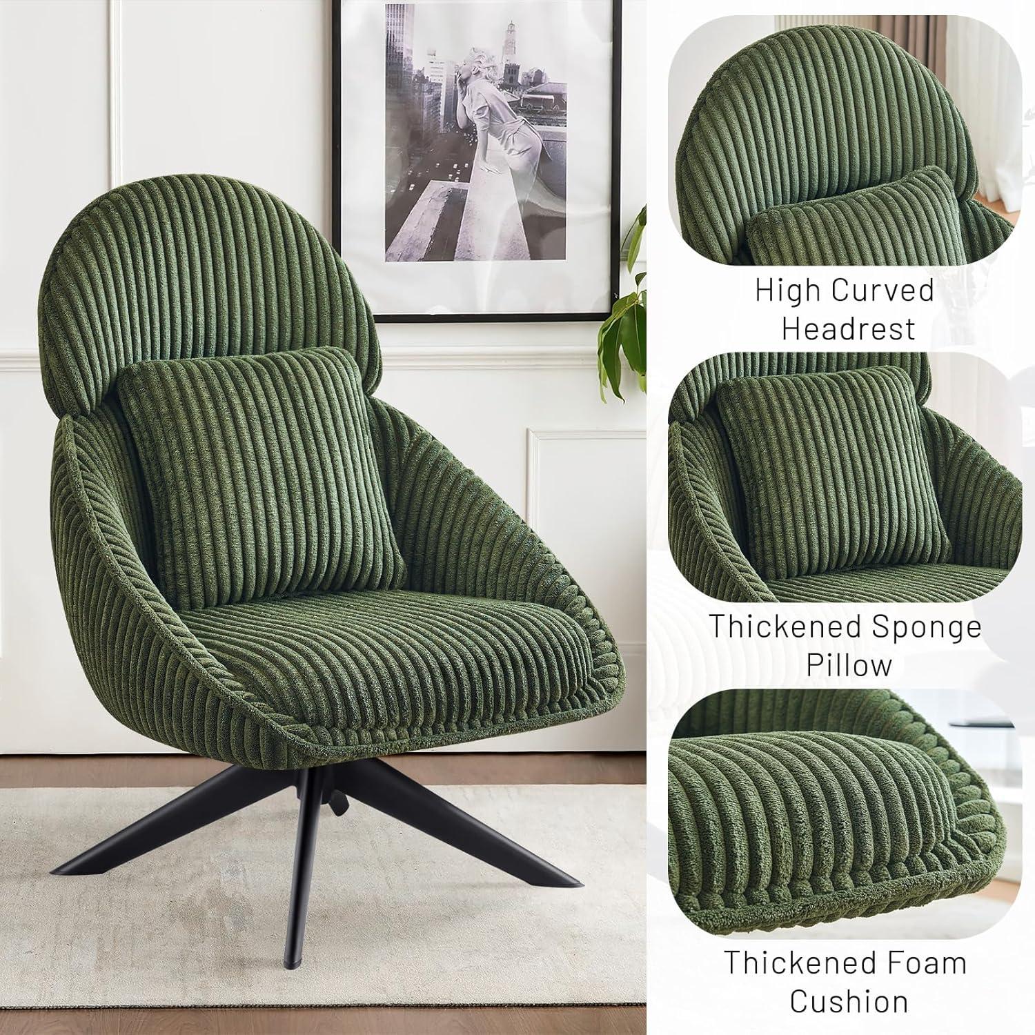 Furniliving Swivel Accent Chair with Pillow Corduroy Comfy Lounge Chair Lazy Chair for Living Room/Bedroom, Green