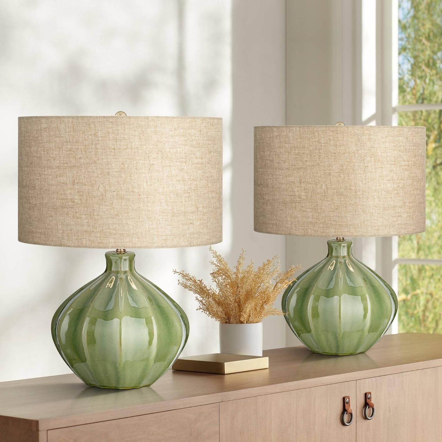 360 Lighting Gordy Modern Accent Table Lamps 20 1/2" High Set of 2 Ribbed Green Ceramic Oatmeal Fabric Drum Shade for Bedroom Living Room Nightstand