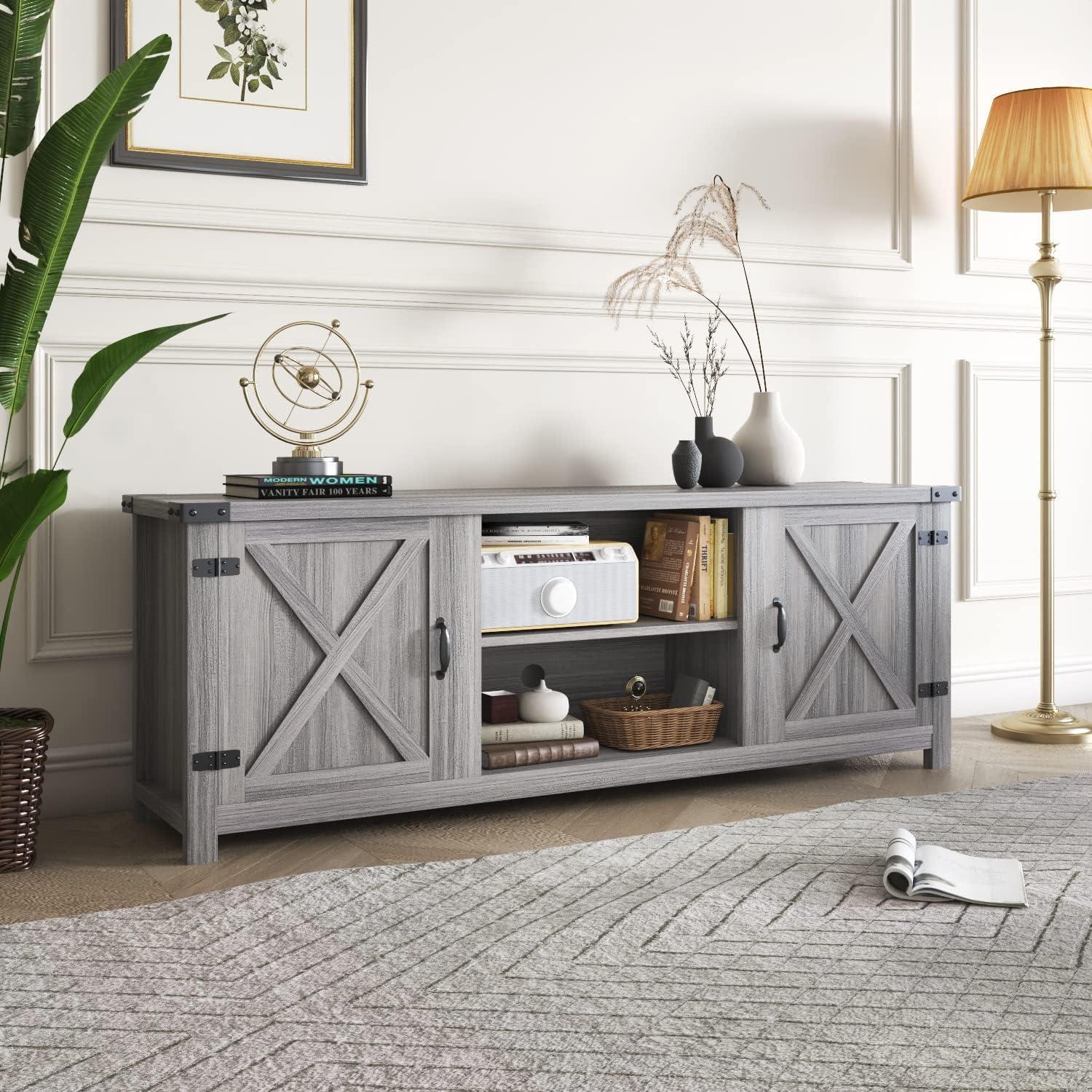 Gray Wash Barn Door TV Stand with Storage Cabinets