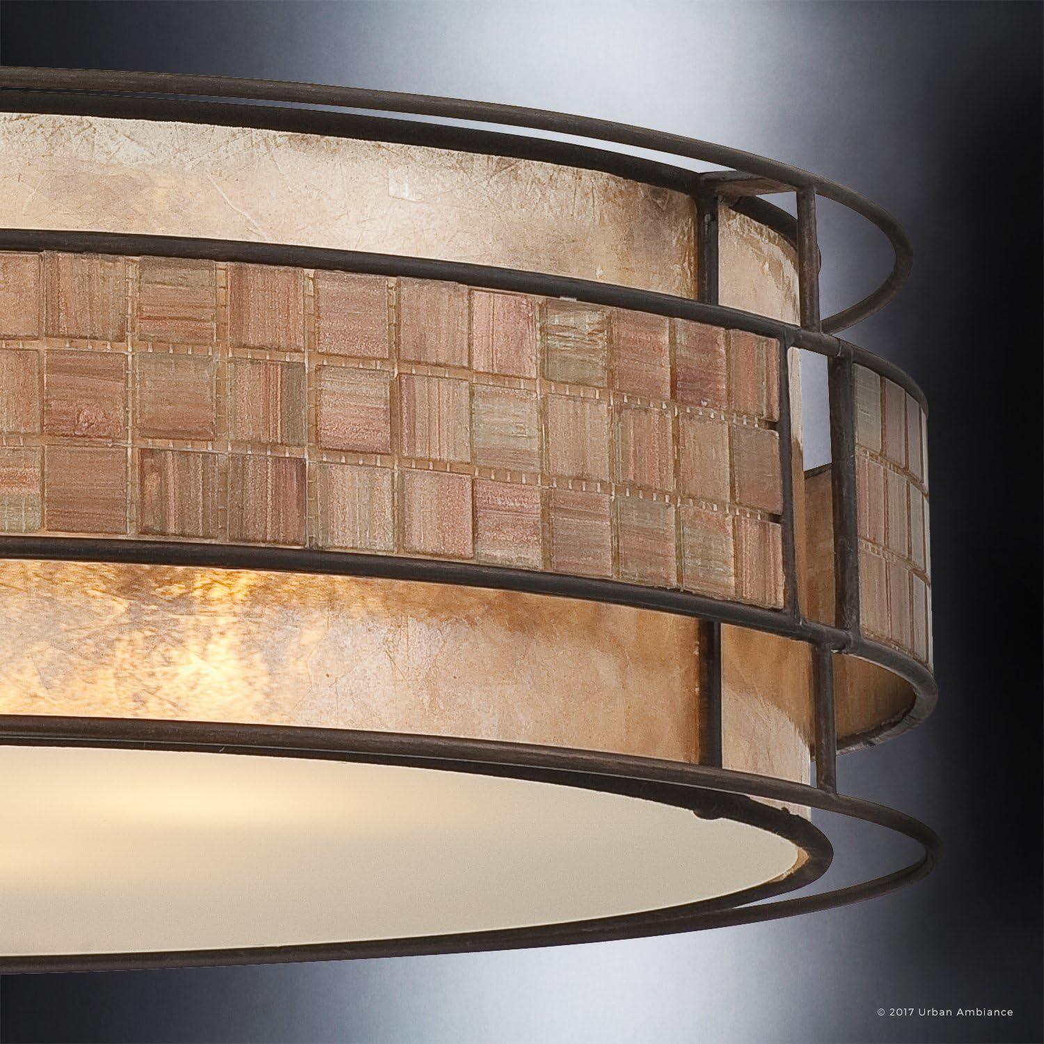 Urban Ambiance Luxury Art Deco Chandelier, Medium Size: 5.5"H x 22"W, with Moroccan Style Elements, Copper Revival Finish and Oyster Mica Inner Shade, Mosaic Tile Outer Shade, UQL2430