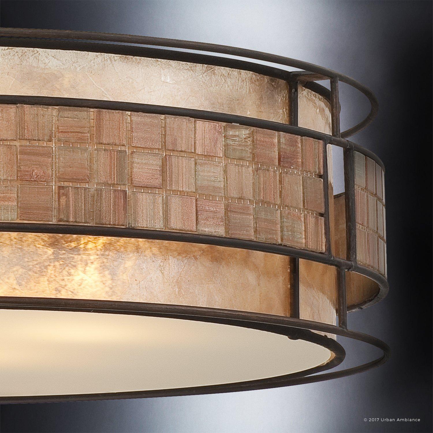 Urban Ambiance Luxury Art Deco Chandelier, Medium Size: 5.5"H x 22"W, with Moroccan Style Elements, Copper Revival Finish and Oyster Mica Inner Shade, Mosaic Tile Outer Shade, UQL2430