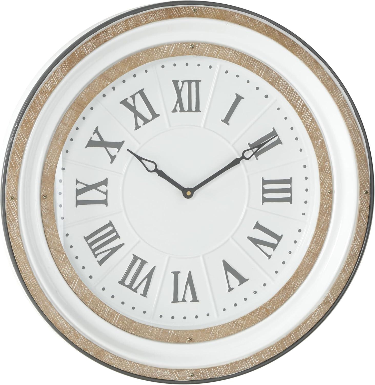 Farmhouse Metal Vintage Wall Clock White - Olivia & May: Silent Mechanism, 24" Size, Round Shape