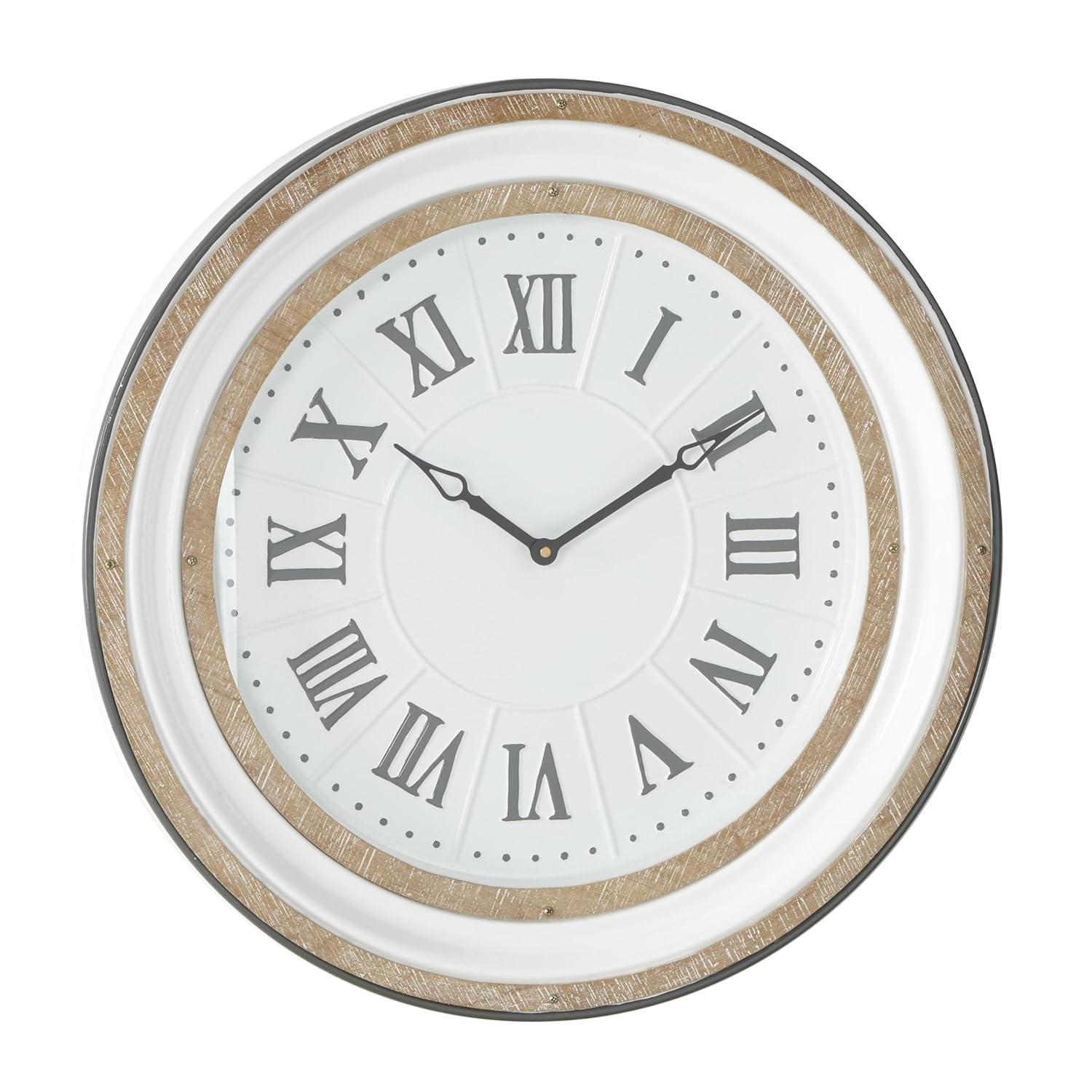 Farmhouse Metal Vintage Wall Clock White - Olivia & May: Silent Mechanism, 24" Size, Round Shape