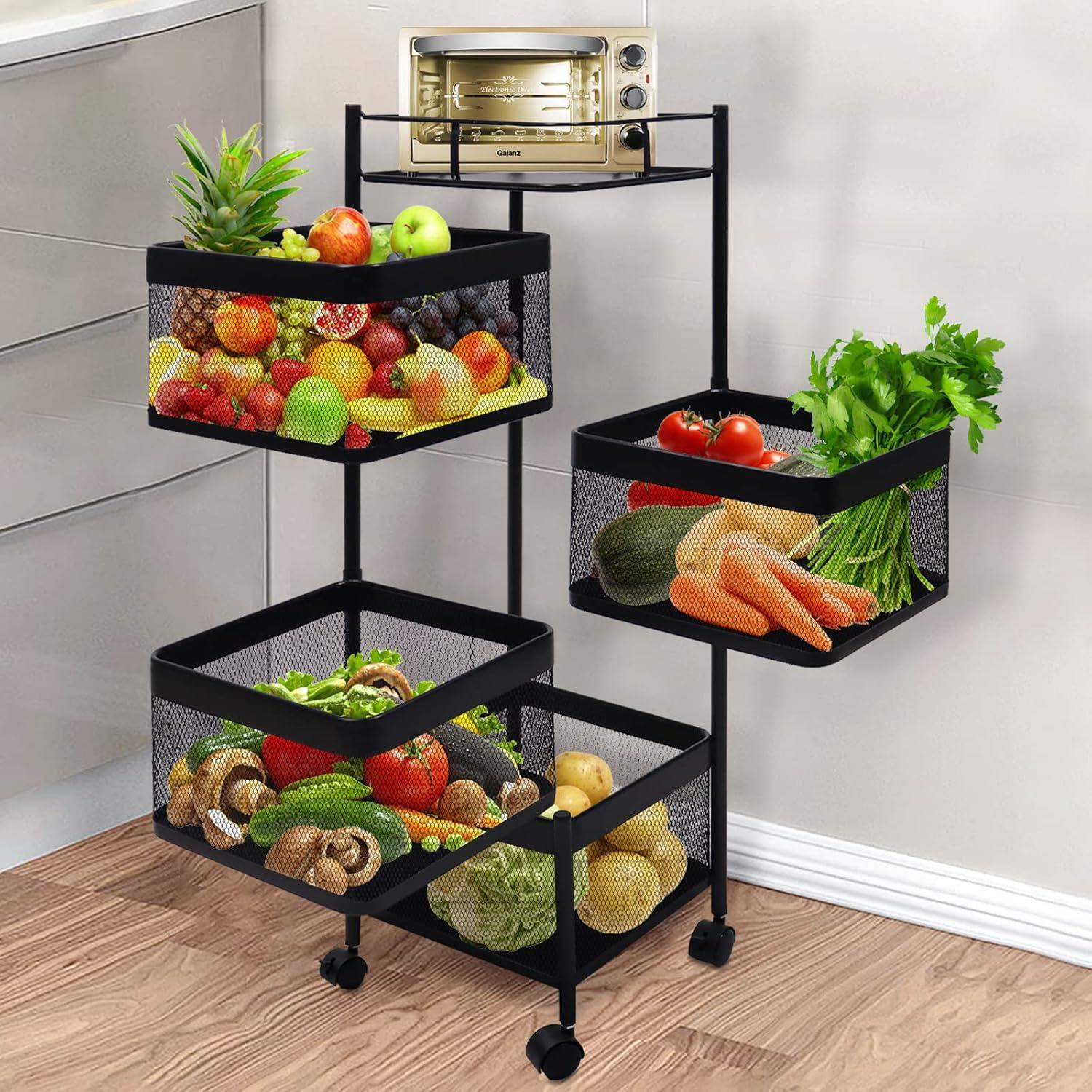 Black Metal 4-Tier Rotating Kitchen Storage Cart with Swing Out Shelves