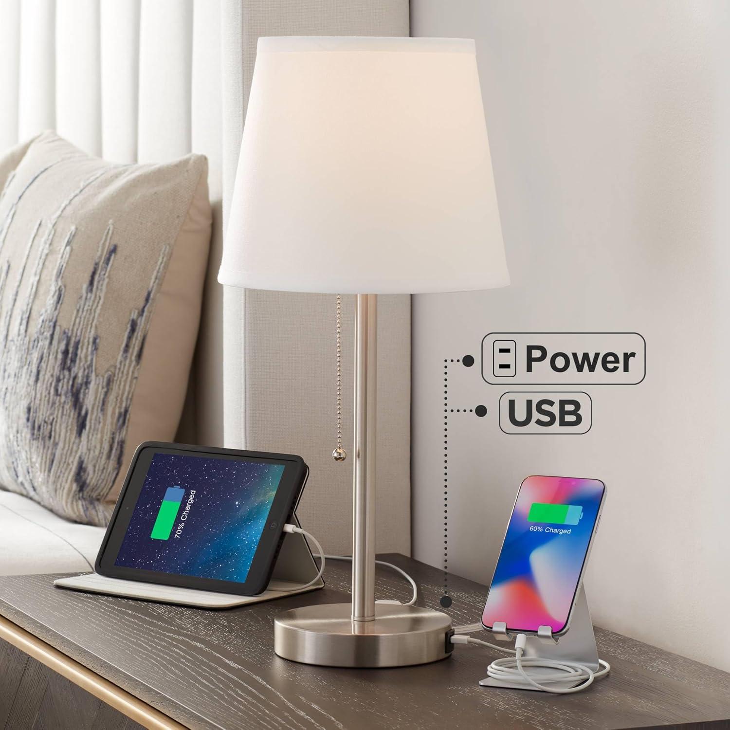 Brushed Nickel Table Lamp with USB and White Shade