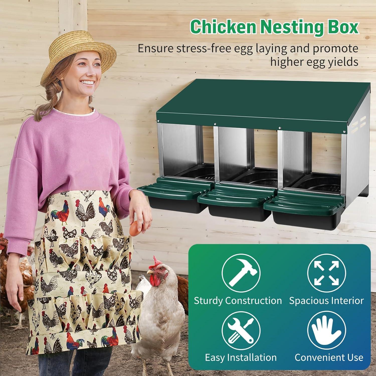 Bring Home Furniture Chicken Nesting Boxes with 3 Compartments for Laying Eggs, Galvanized Steel Hen Nesting Box with Lid Pull-Out Tray and Ventilation Design
