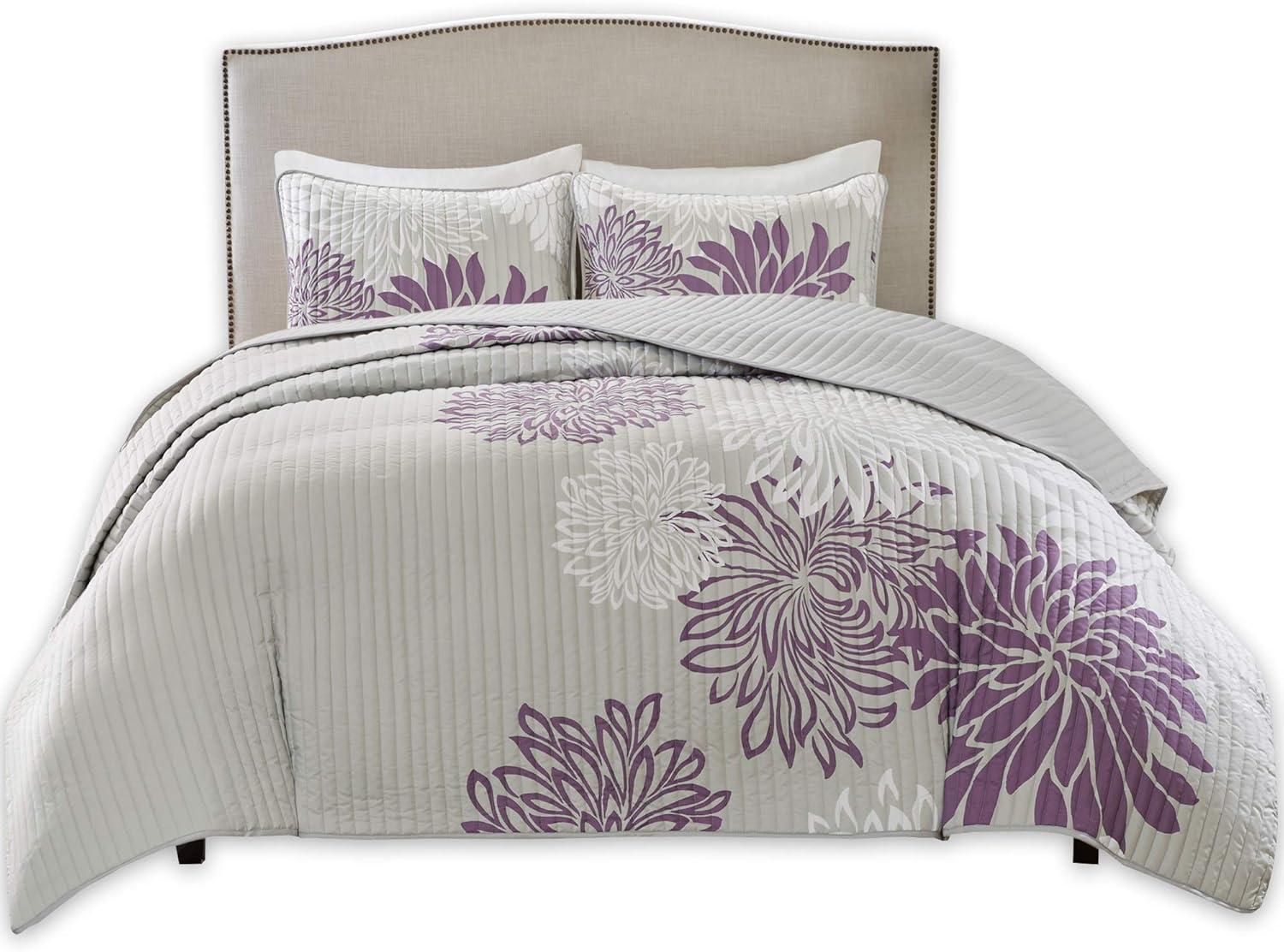 Comfort Spaces King/Cal King Size Quilt Set, 3-Piece Floral Bedspread Bedding Set, Purple and Gray Coverlet Set for All Season, Lightweight Comforter Set