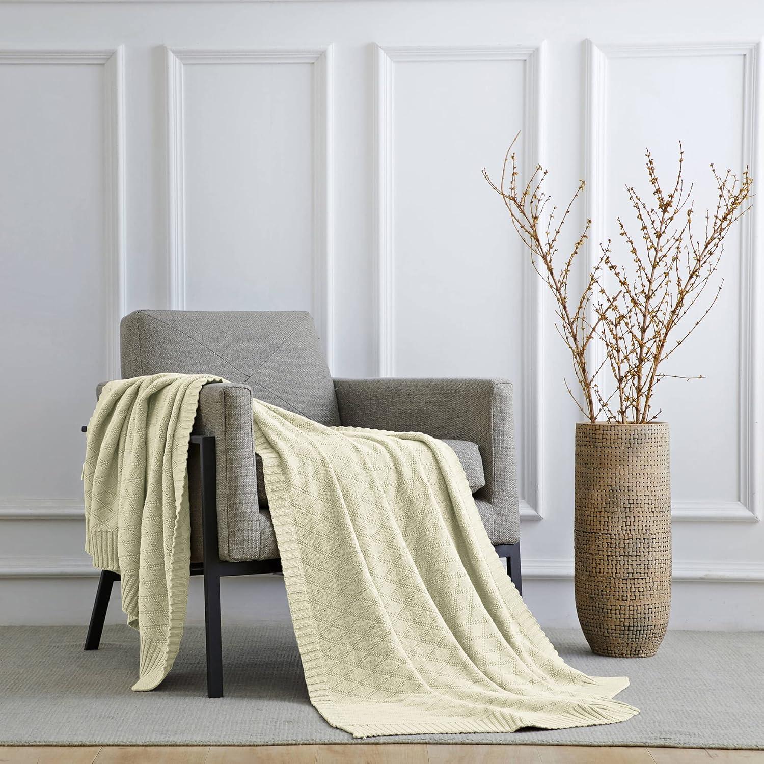 Cream Cotton Cable Knit Throw Blanket 50 x 60 Inches