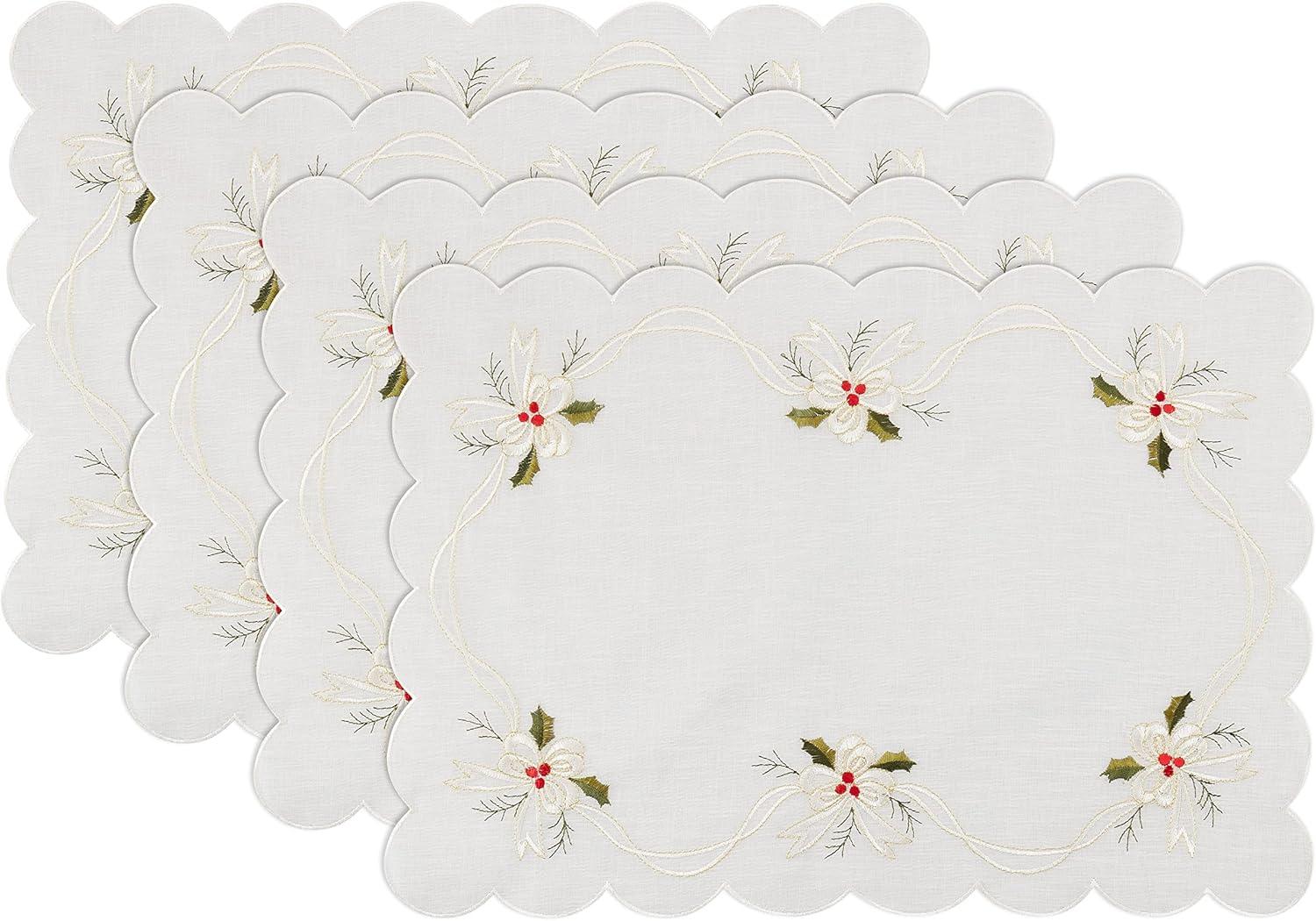 Saro Lifestyle Placemats With Embroidered Holly and Ribbon Design (Set of 4)