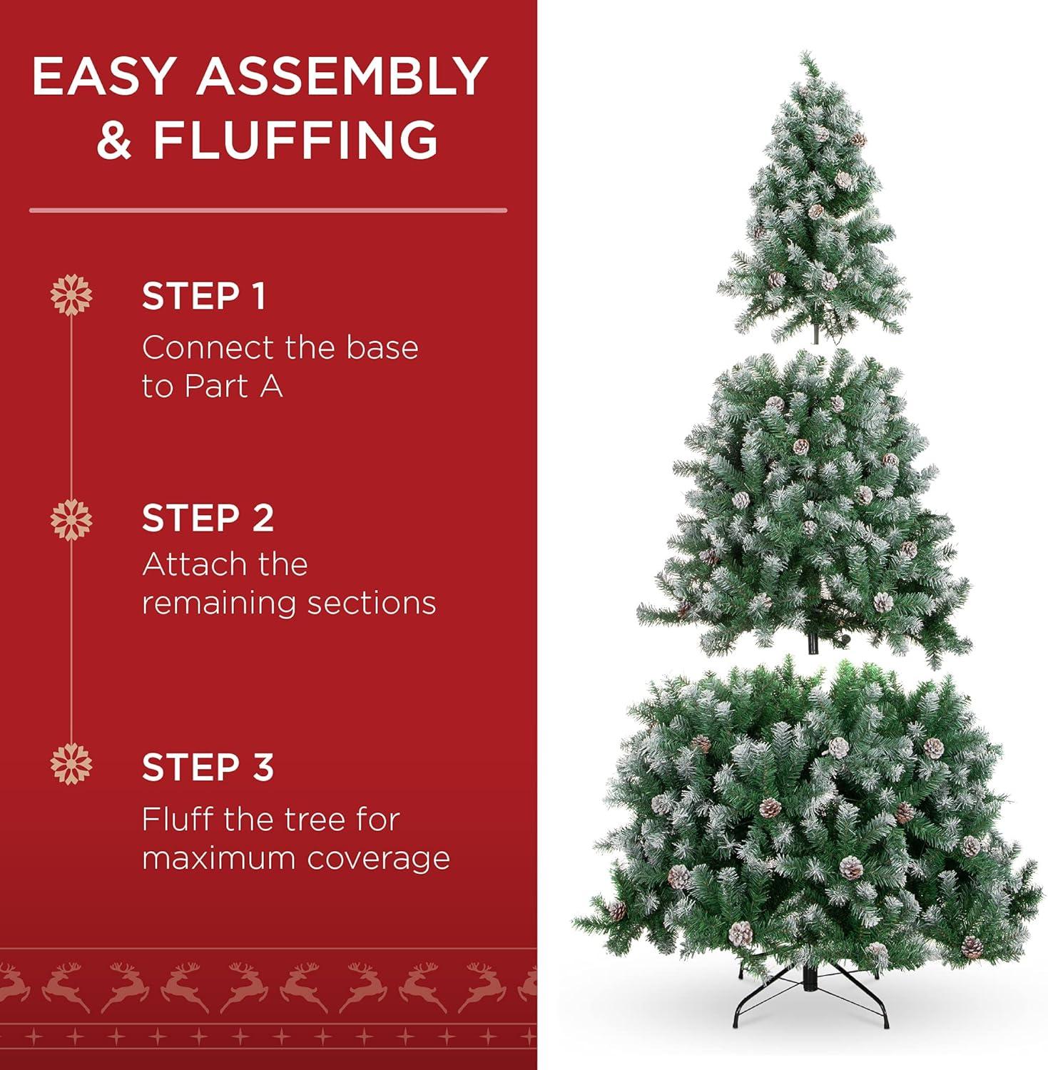 Best Choice Products 6ft Pre-Lit Pre-Decorated Holiday Christmas Tree w/ 1,000 Flocked Tips, 250 Lights, Metal Base