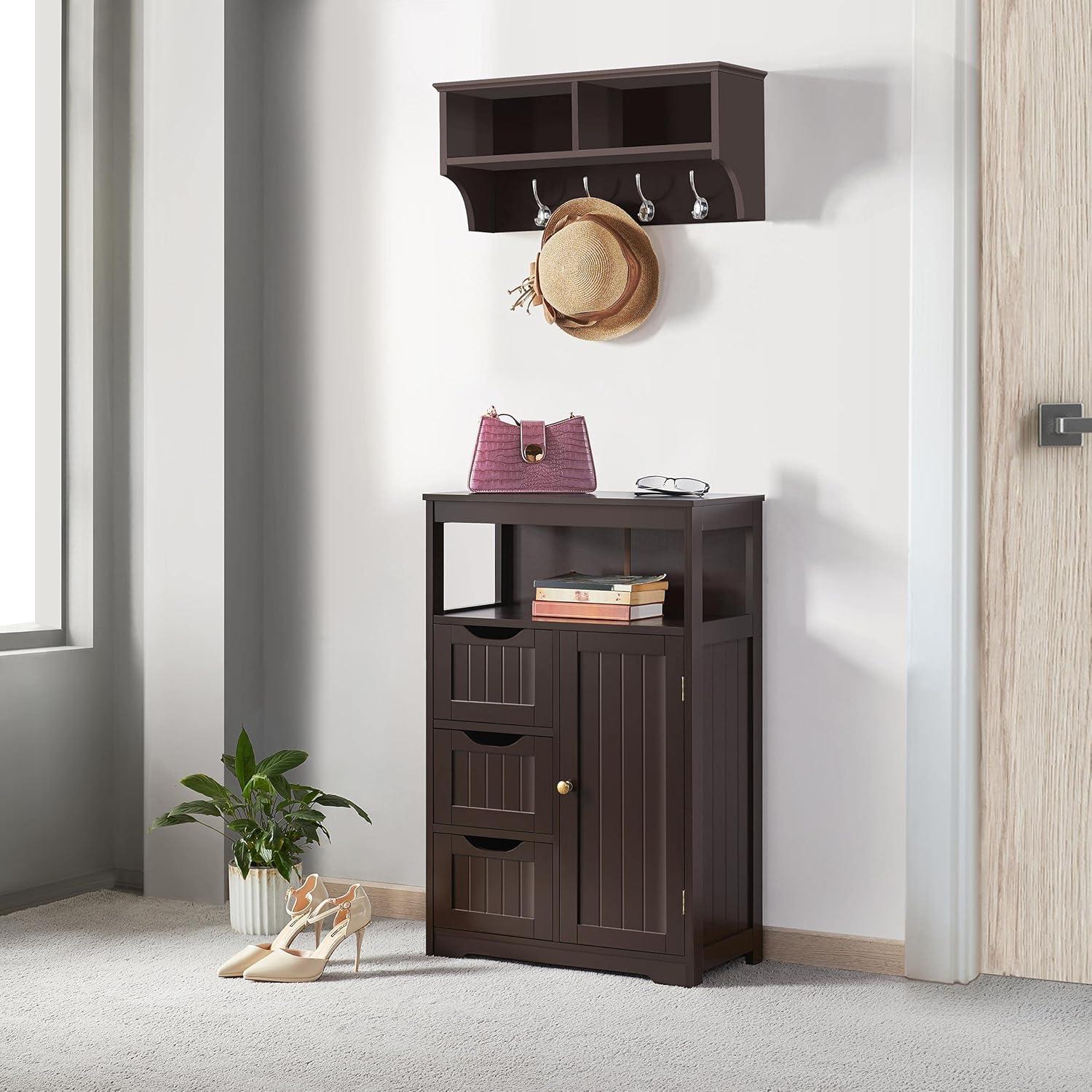 Espresso MDF Bathroom Floor Cabinet with Adjustable Shelving