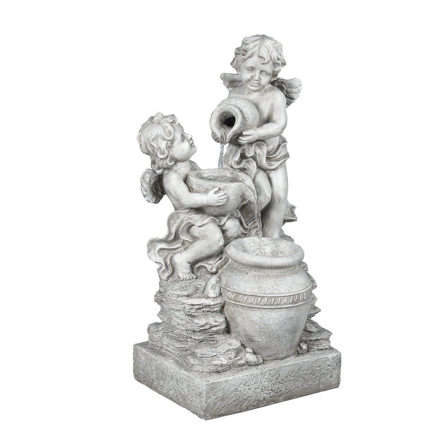 LuxenHome 30” Gray Resin Cherub Angels Outdoor Water Fountain with LED Lights, Garden Fountain Decor for Yard