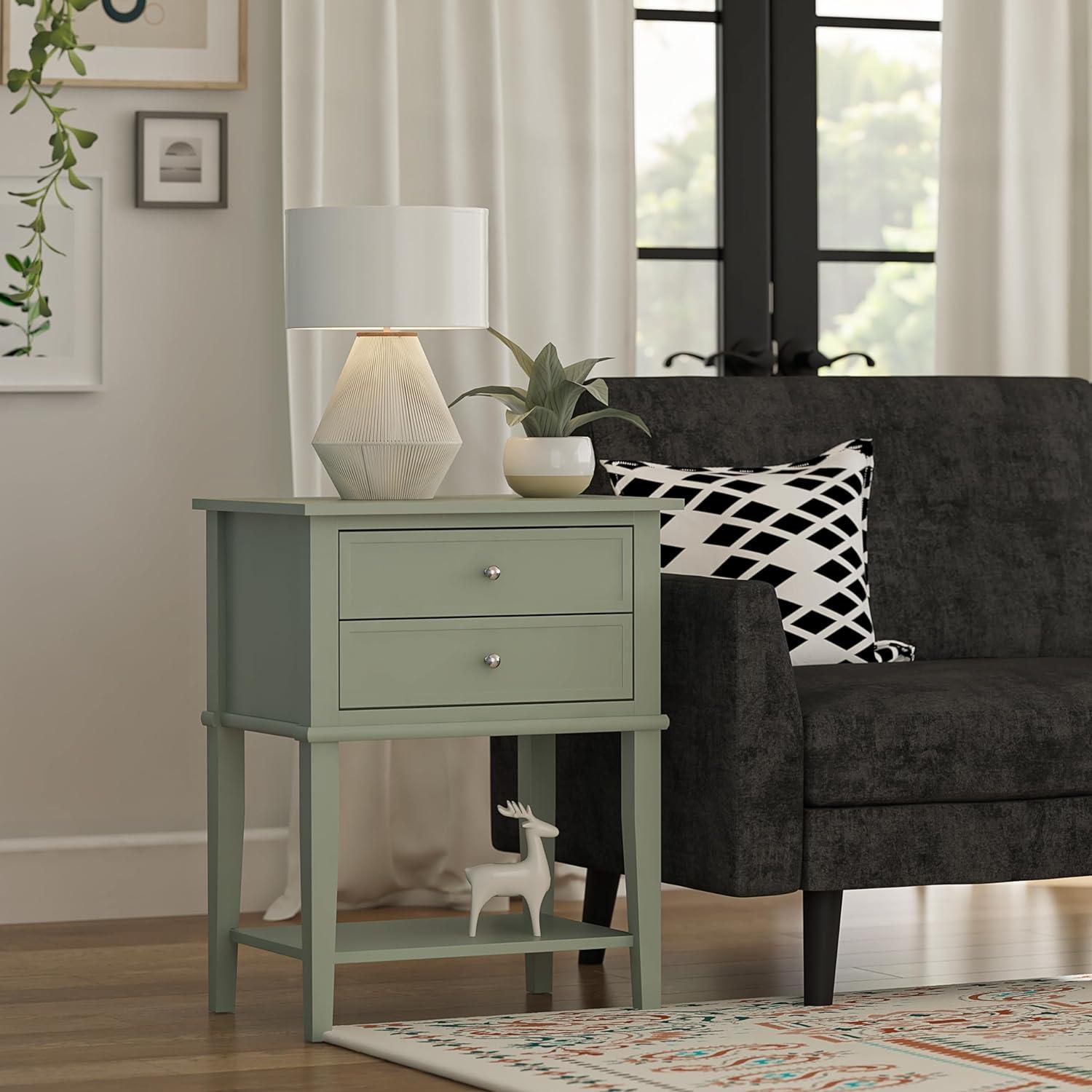 Franklin Pale Green Rectangular Nightstand with Dual Drawers and Shelf