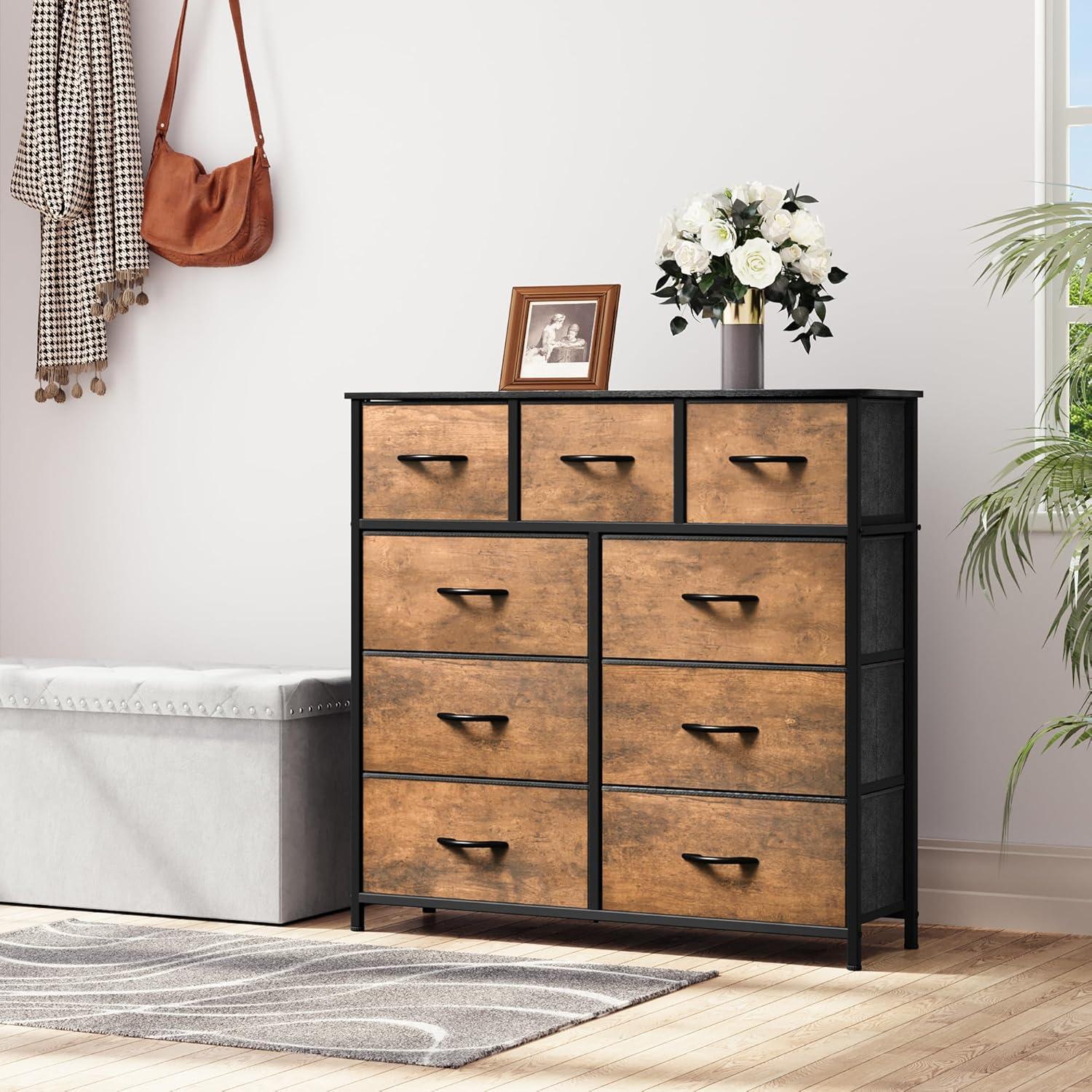 Dresser for Bedroom with 9 Drawers  Chest of Drawers with Socket & LED Light  PU Storage Dresser  Organizer Unit for Living Room  Hallway  Closet