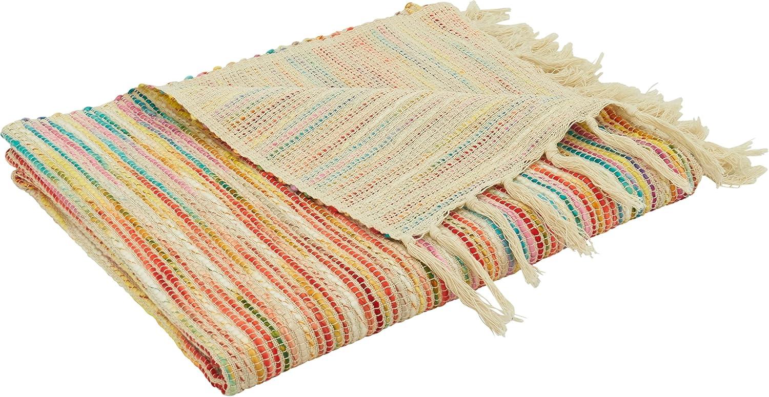 Multicolor Rainbow Stripe Cotton Acrylic Throw Blanket with Fringe