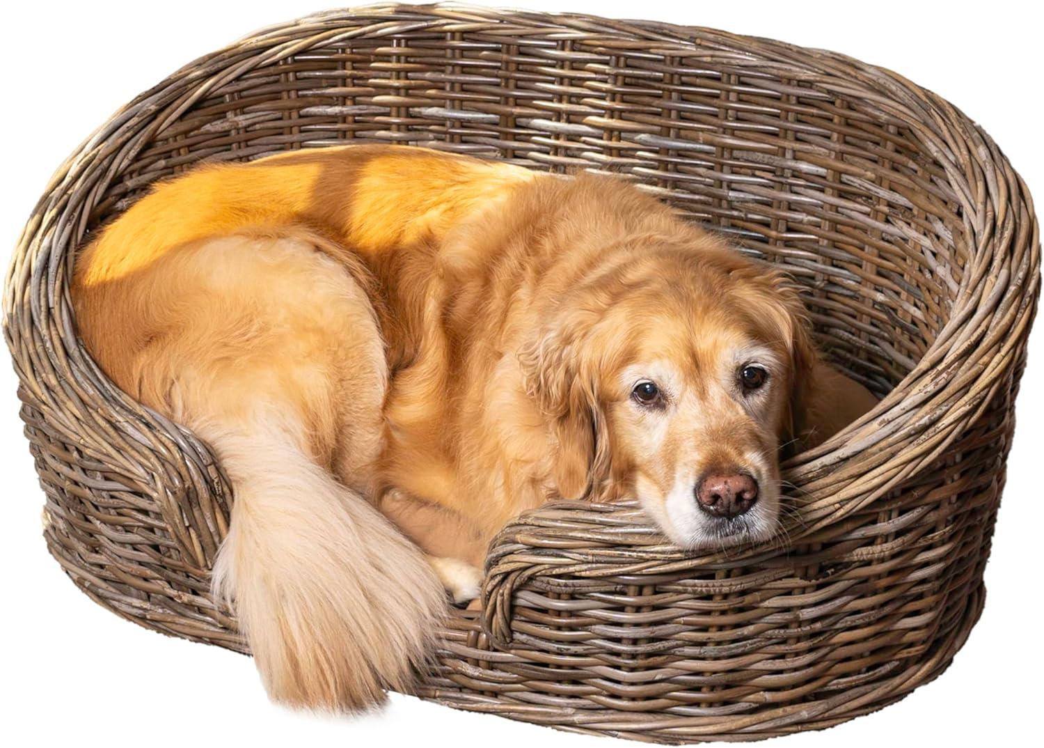 THE LICKER STORE Curvy 33" x 21.25" Classic Handwoven Rattan Dog Bed with Machine-Washable Cushion, Kubu Gray