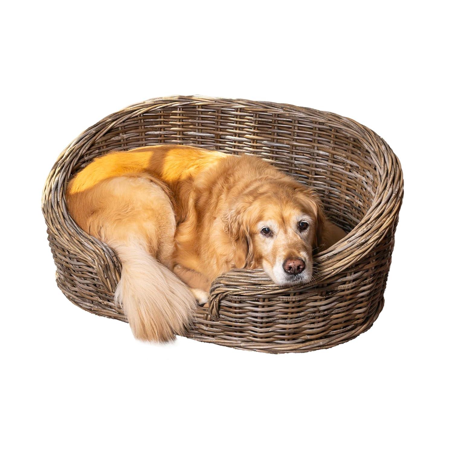 THE LICKER STORE Curvy 33" x 21.25" Classic Handwoven Rattan Dog Bed with Machine-Washable Cushion, Kubu Gray