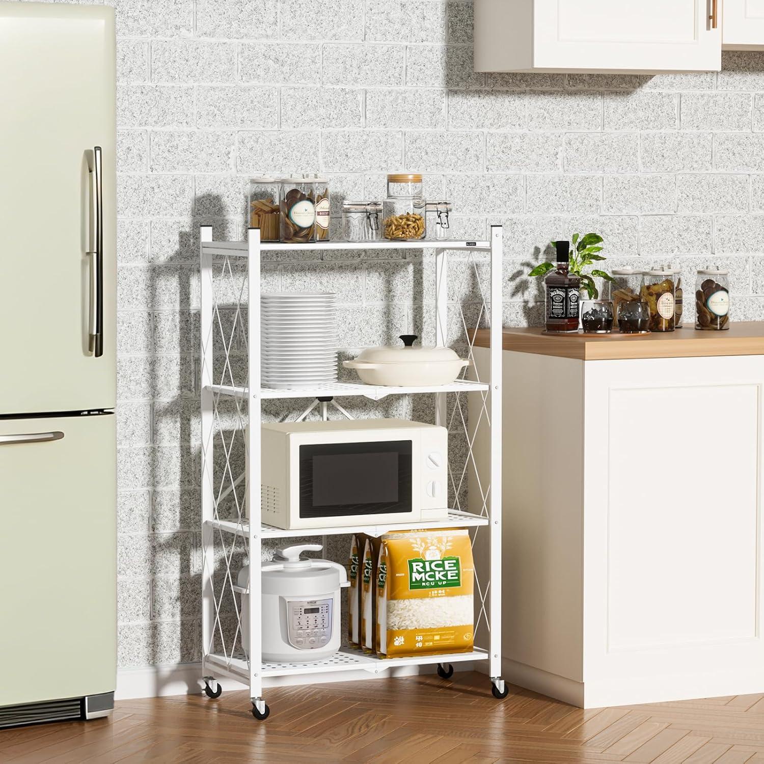 3-Tier Storage Shelves with Wheels, Folding Bookshelf No Assembly, Metal Display Shelf for Balcony, Kitchen, Basement, Pantry, White