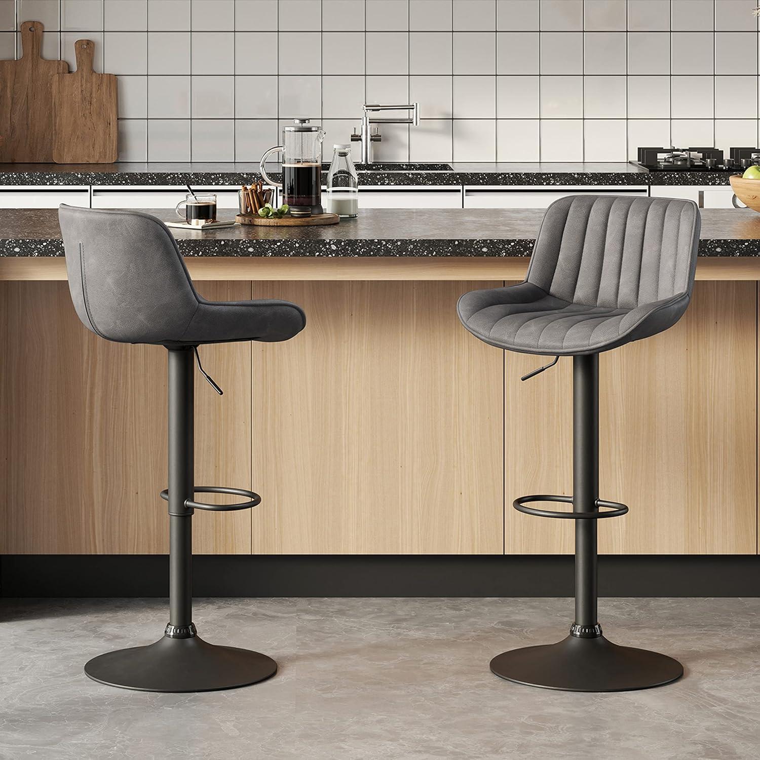 Art Leon Rustic Bar Stools Set of 2, Faux Leather with Backrest Chrome Legs, Upholstered Swivel Kitchen Stools, Gray