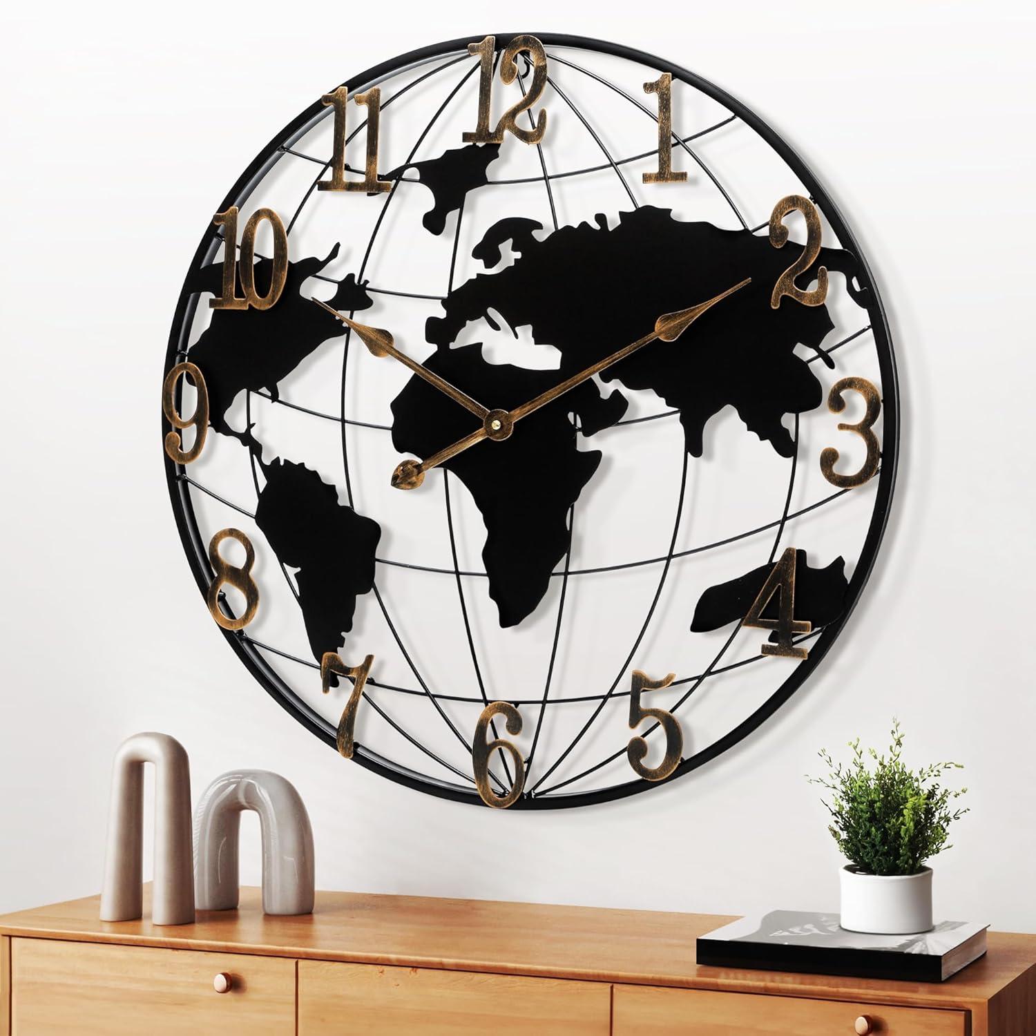 24-Inch Black and Gold Iron World Map Wall Clock