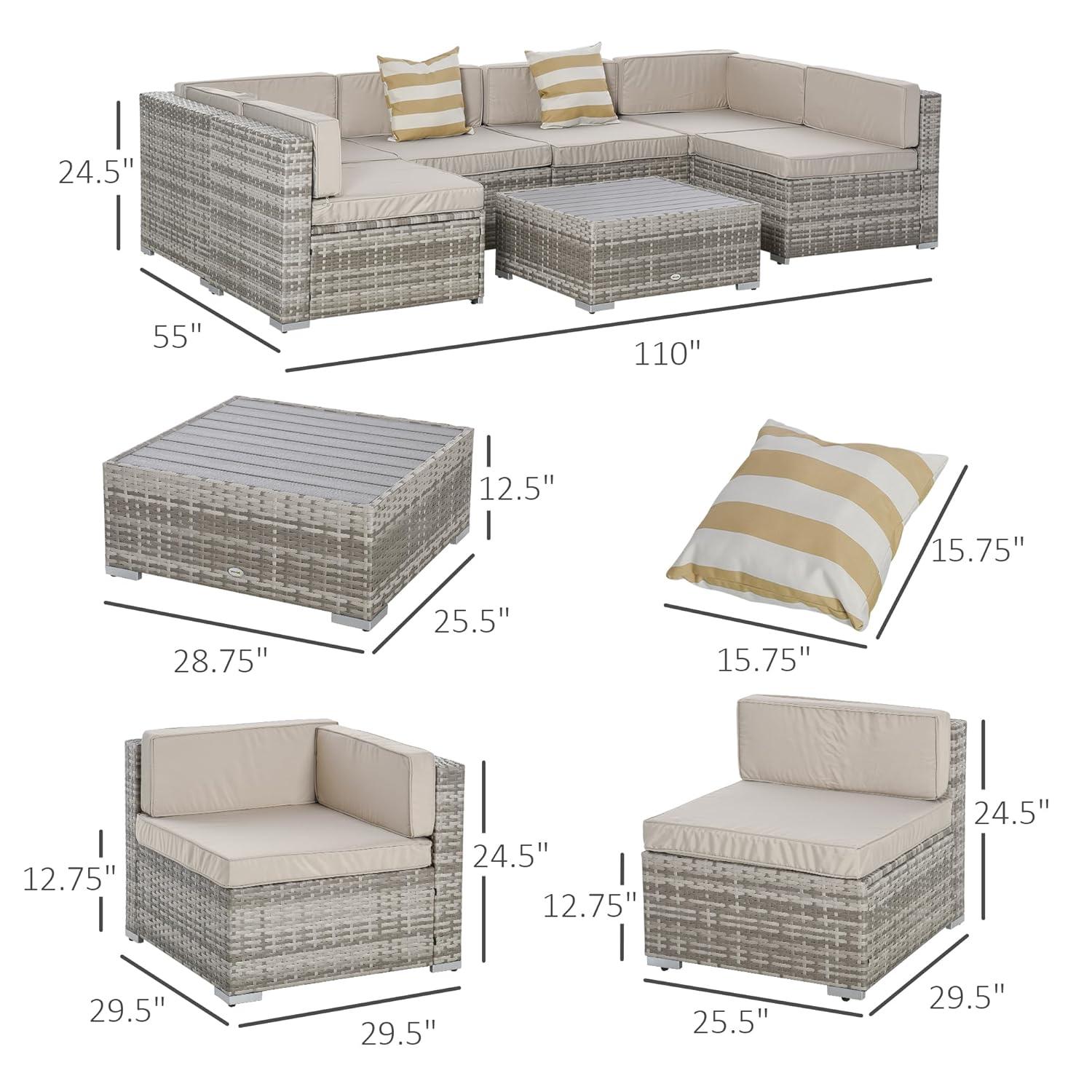 Outsunny 7-Piece Patio Furniture Set, Outdoor Wicker Conversation Set, All Weather PE Rattan Sectional Sofa w/ Faux Wood Table, Stripe Pillows, Gray