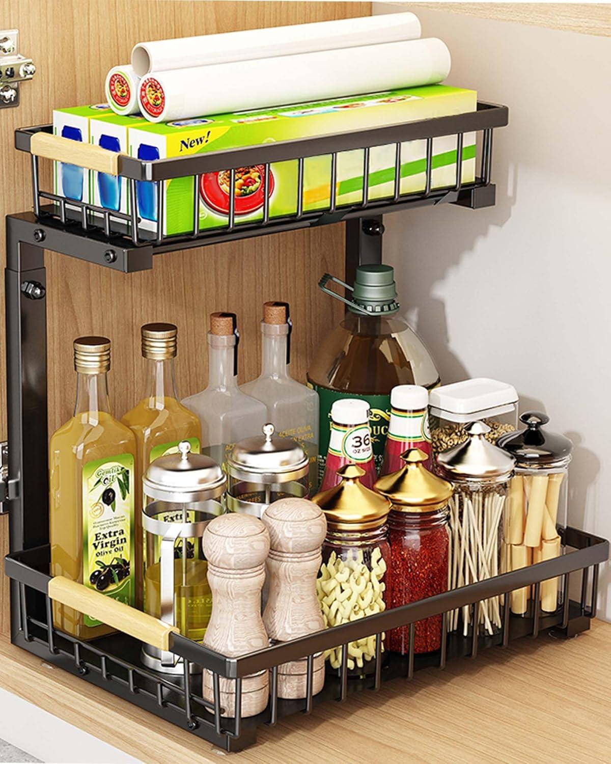 Rebrilliant Under Sink Organizer, 2 Tier Under Sink Organizers And Storage, Metal Slide Out Pull Out Cabinet Organizer ,2 Pack Sliding Drawer Organizer For Kitchen Bathroom Pantry