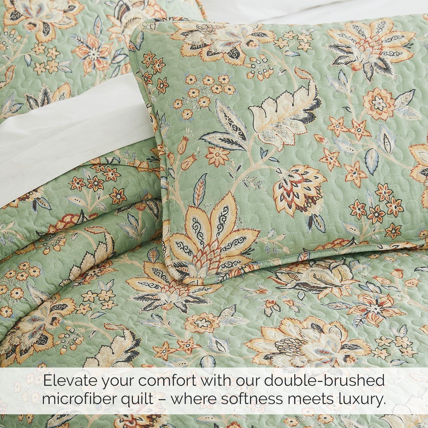 SouthShore Fine Linens Jacobean Willow 3-Piece Green Floral Quilt Bedding Sets, Queen