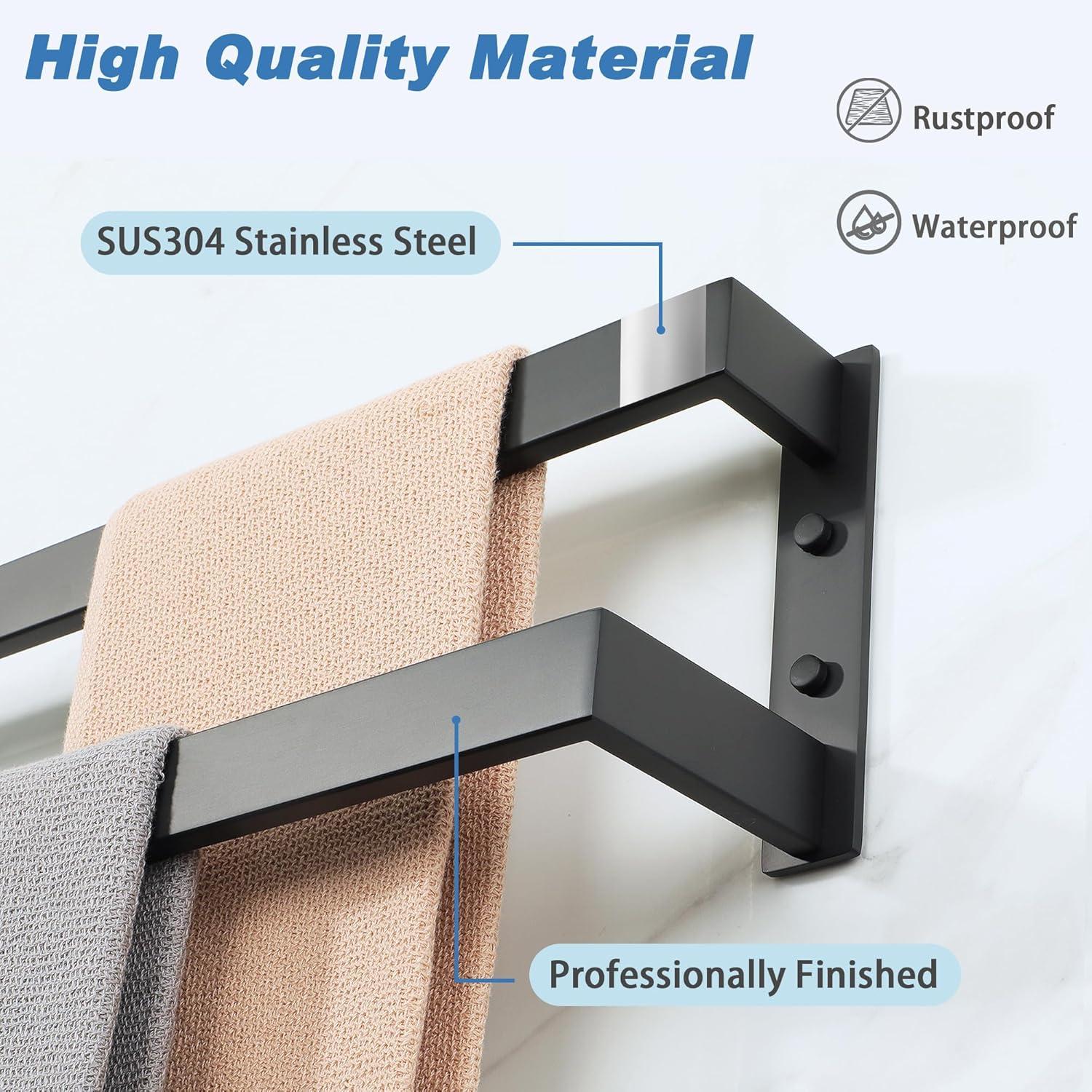 Double Towel Bar 24", SUS304 Stainless Steel Towel Racks For Bathroom Wall Mounted, Heavy Duty Bathroom Towel Holder, Space Saving Towel Hanger